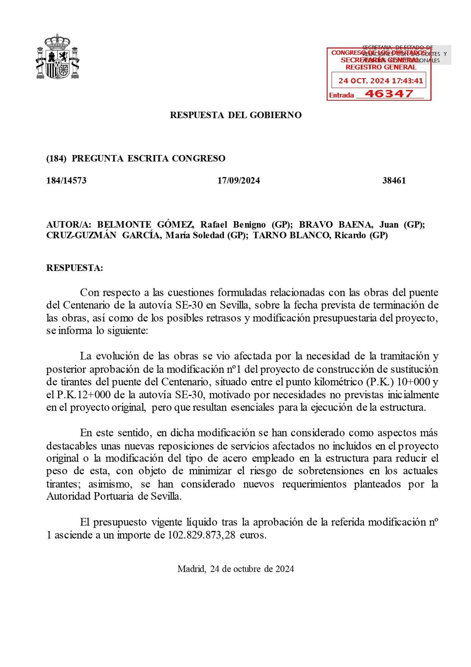 Respuesta del Gobierno central al PP en el Congreso.