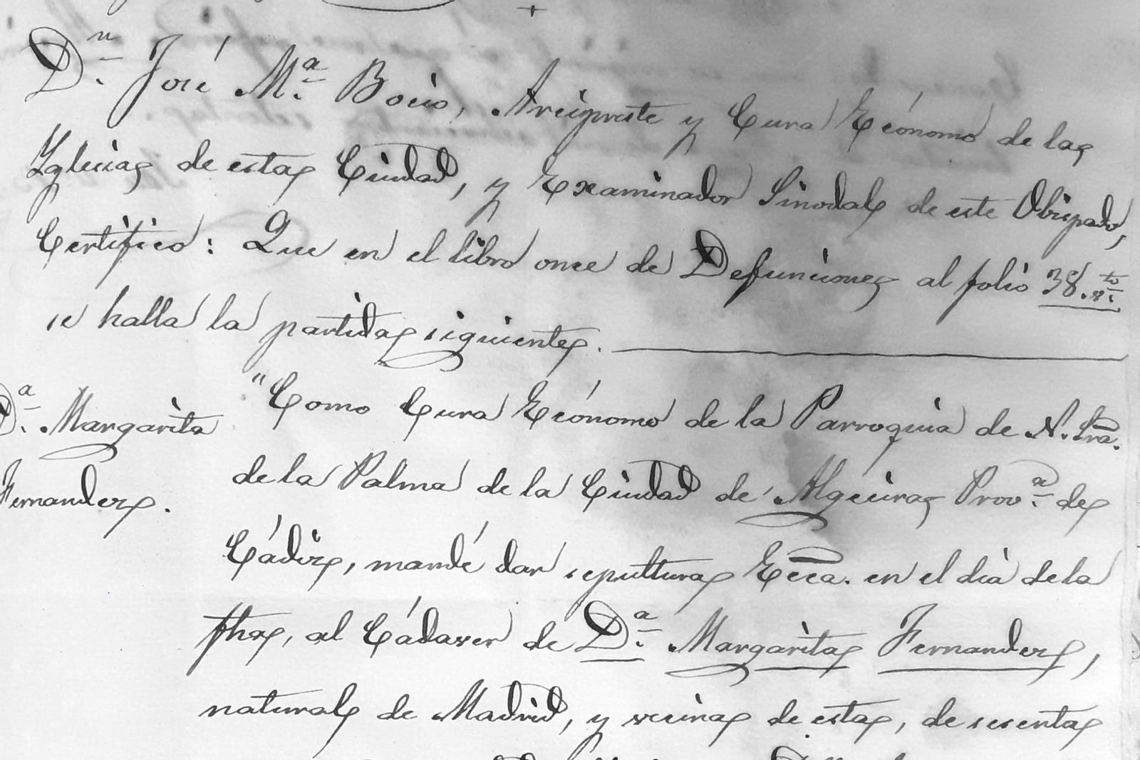 Extracto certificado del mandado de sepultura del cura de La Palma.