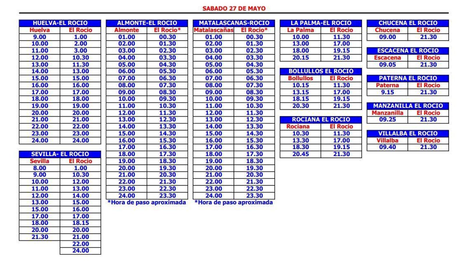 Horario de los autobuses a la Romería de El Rocío.
