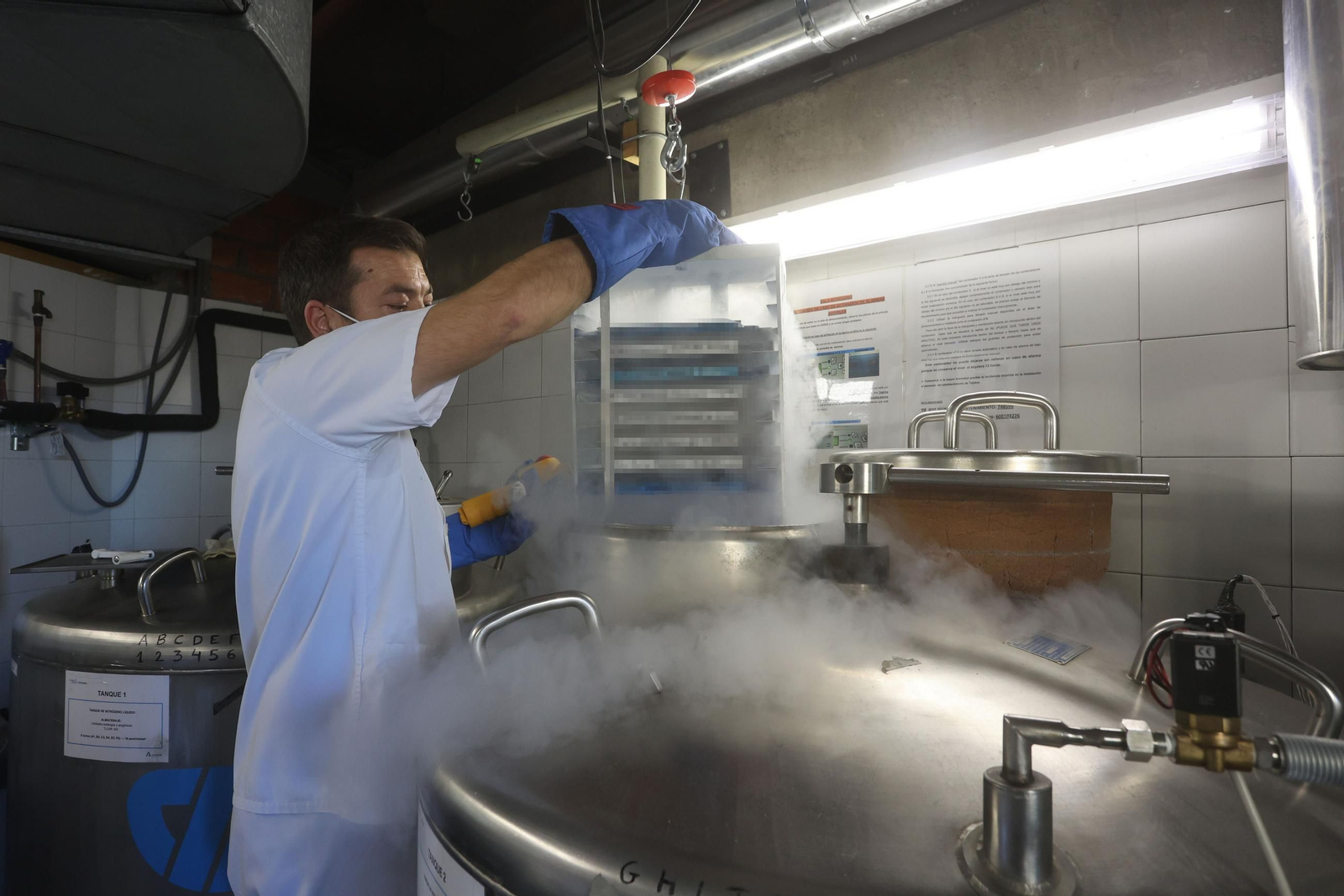 Un contenedor que almacena una terapia en el área de Crioconservación.