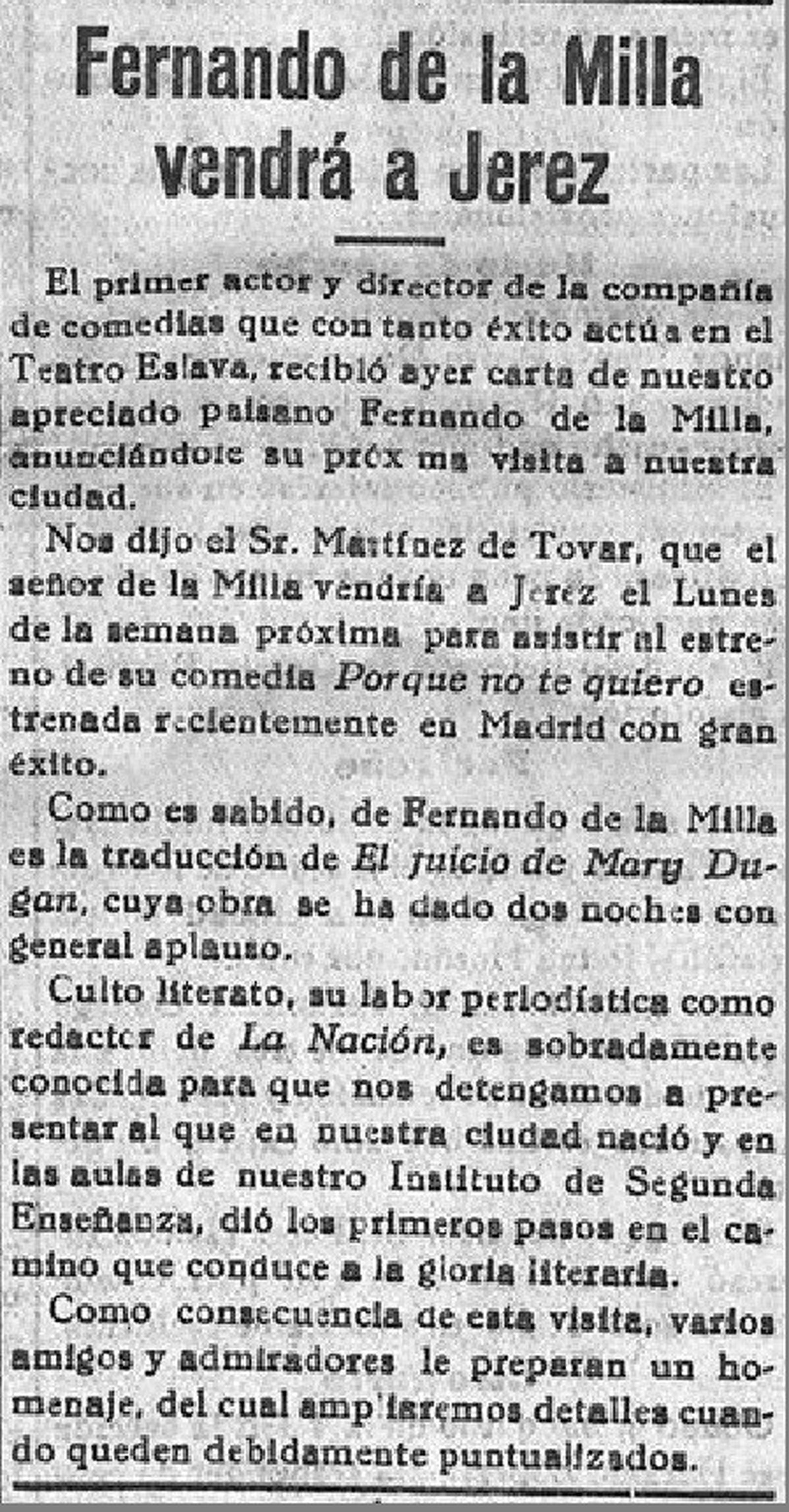 Un recorte de prensa sobre su llegada a Jerez.