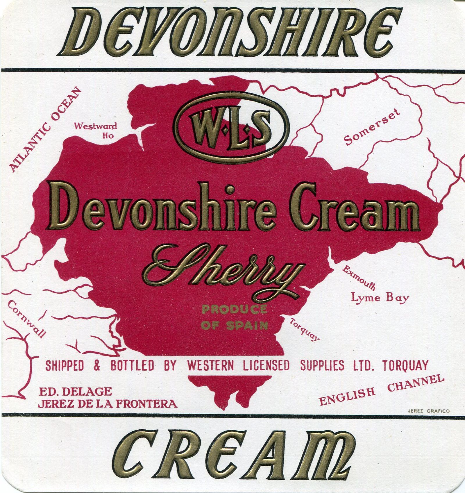 Mapa del condado de Devonshire en una etiqueta de sherry.