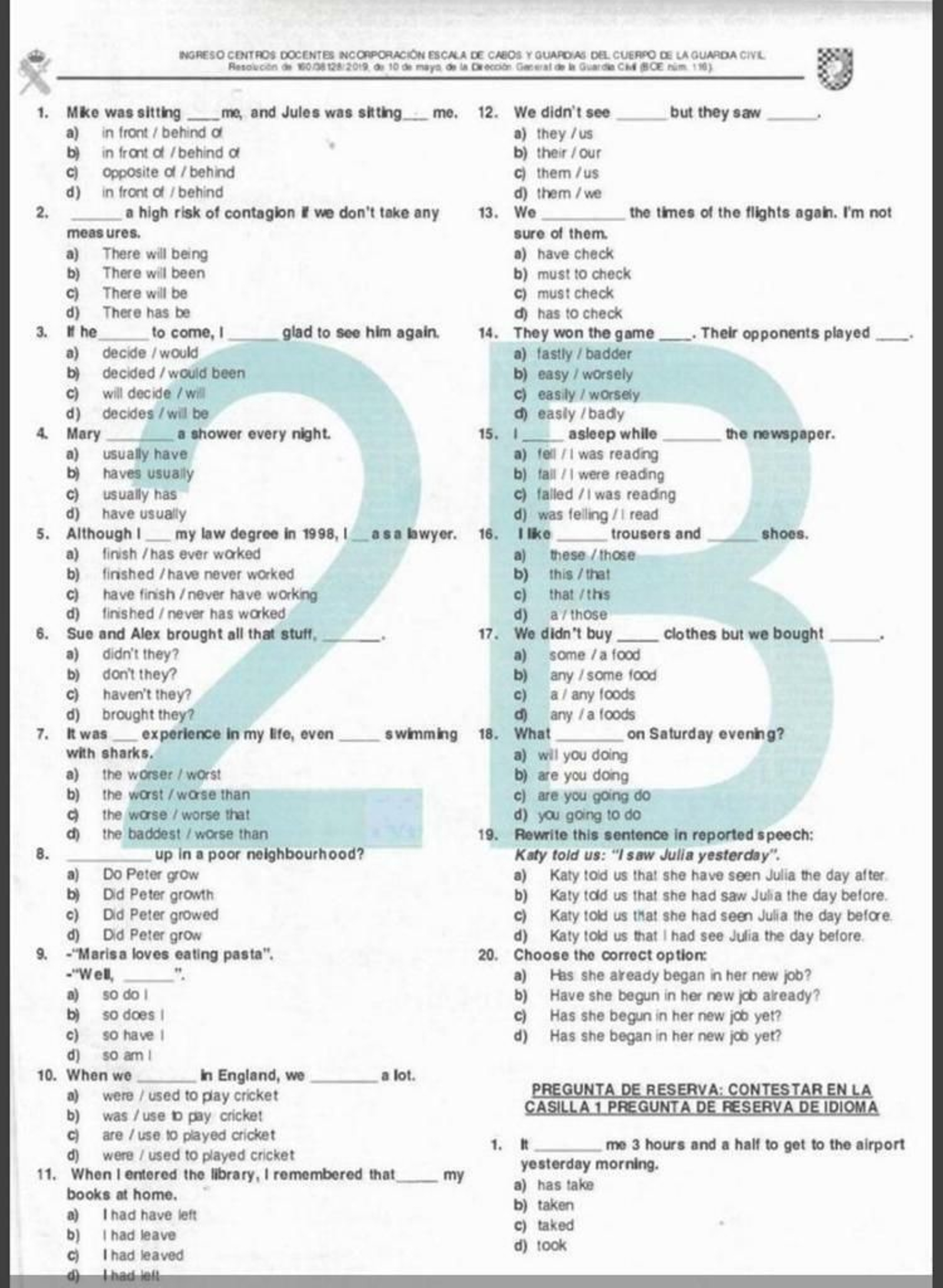 Plantilla de la prueba de inglés realizada el fin de semana pasado en las oposiciones a Guardia Civil