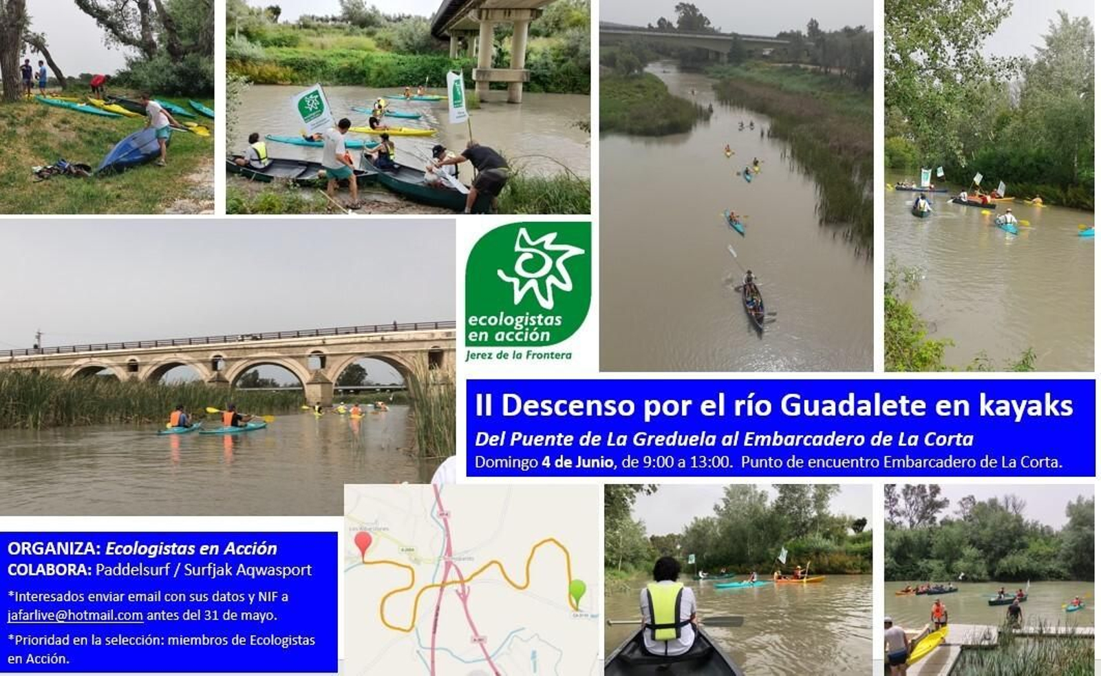 Detalle del cartel del Descenso por el río Guadalete en kayaks.