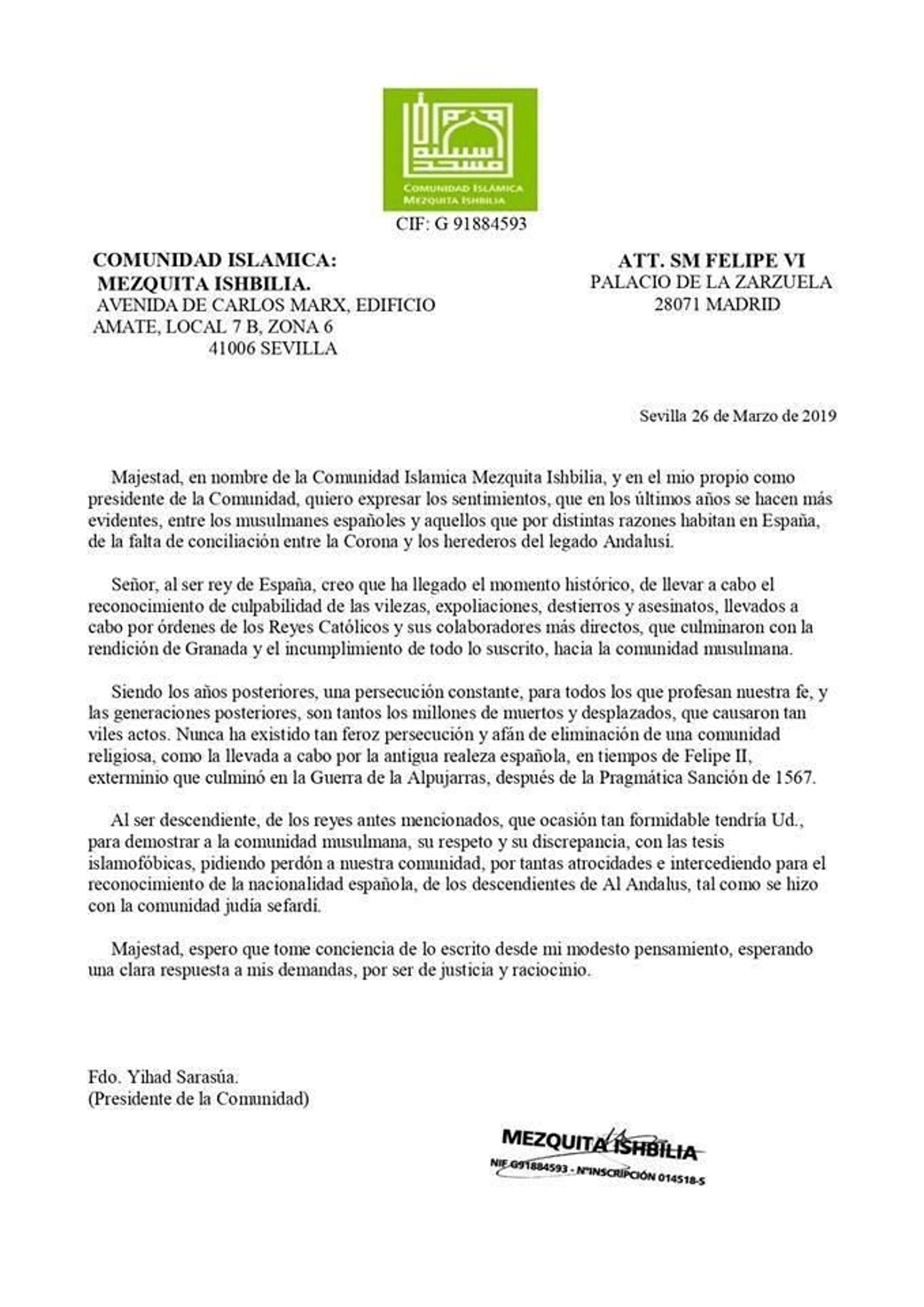 Carta de la comunidad de la mezquita Ishbilia enviada al Rey Felipe VI.