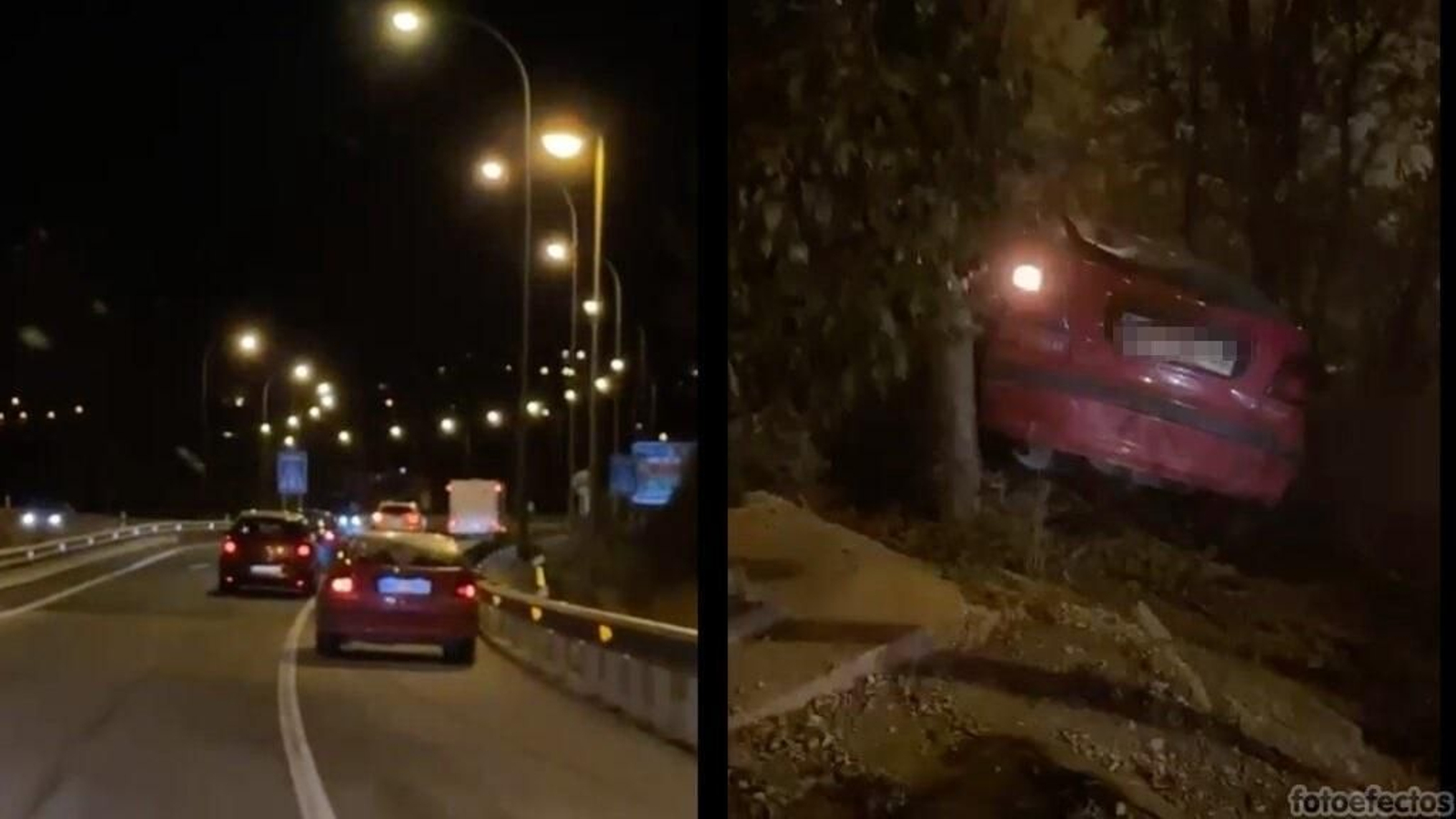 El vehículo implicado circulando de manera temeraria (primera); tras estrellarse (segunda).