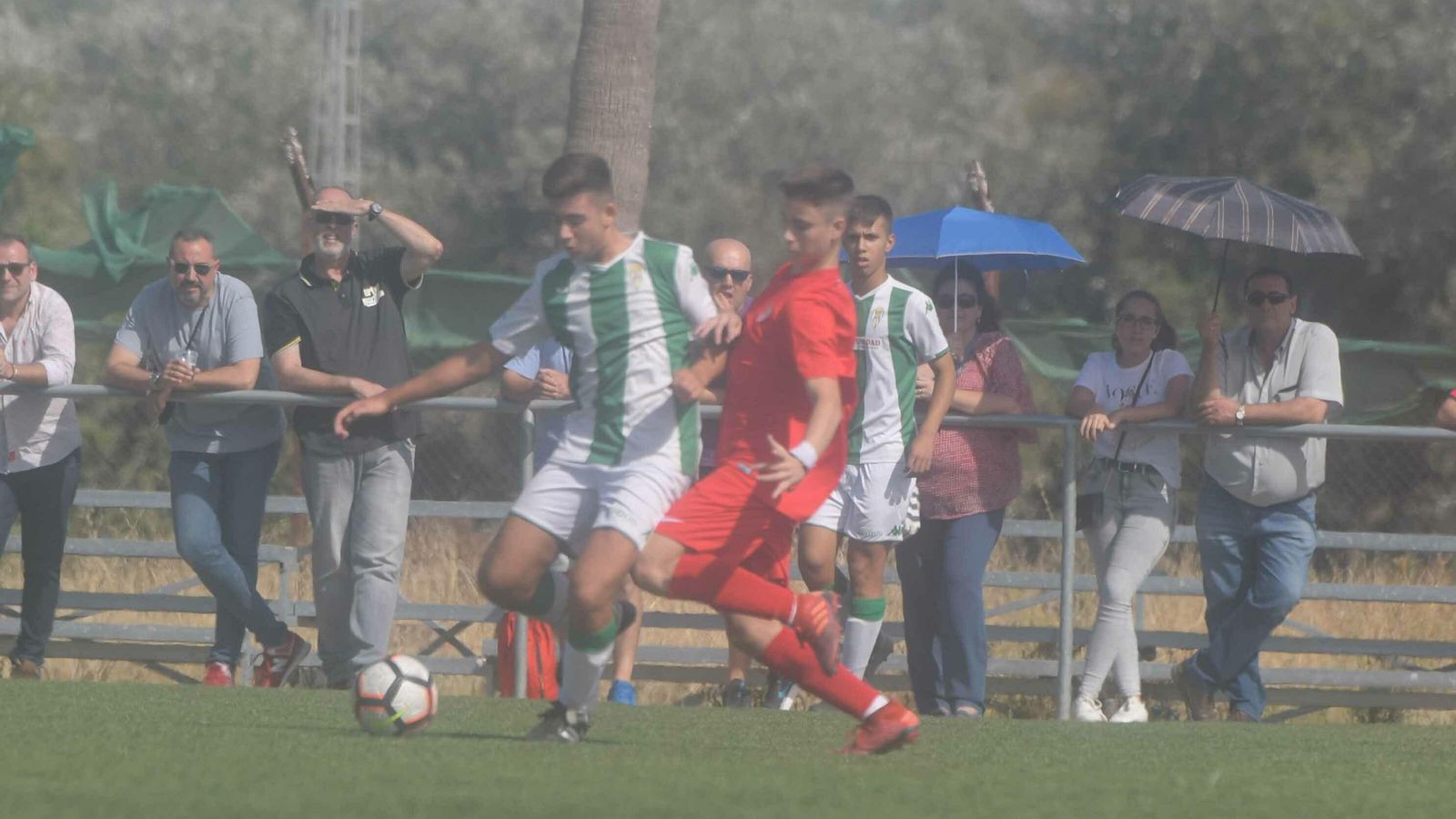 Un jugador del Córdoba se lleva el balón ante la presión de uno del Sevilla.