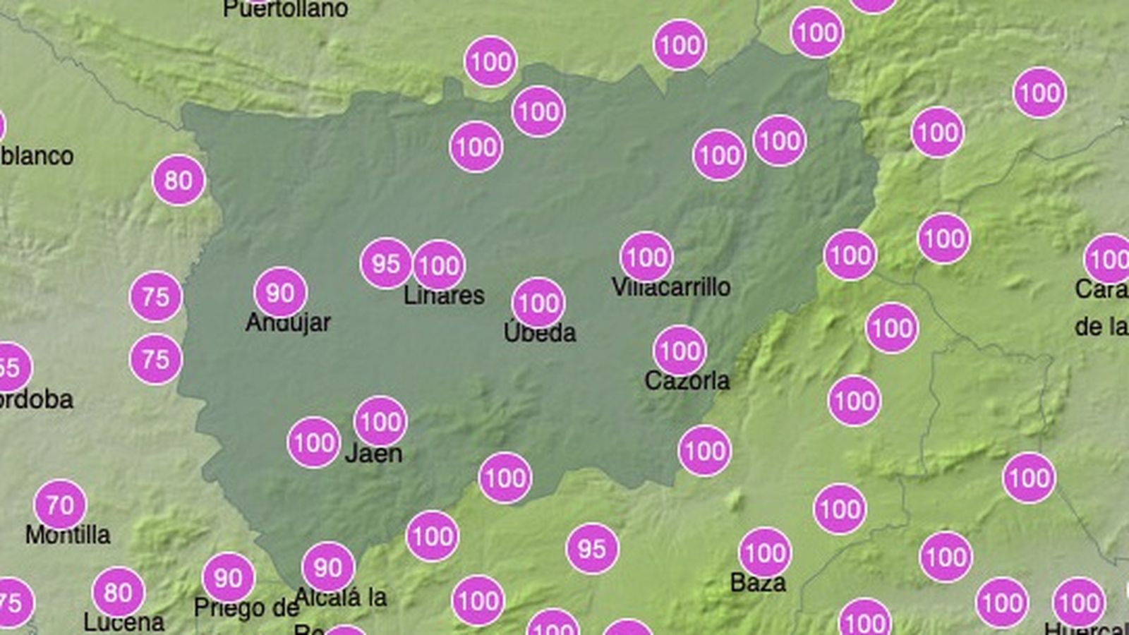 Mapa de probabilidad de precipitación para hoy, martes 10 de marzo, entre las 12-18 horas.