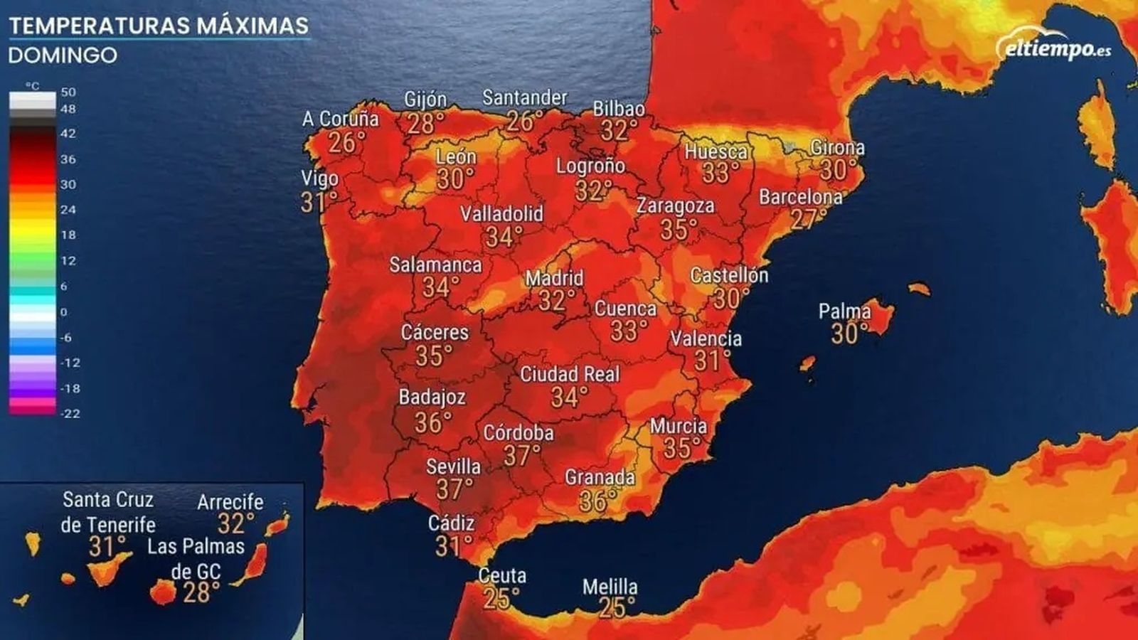 Temperaturas máximas previstas para el domingo en España.