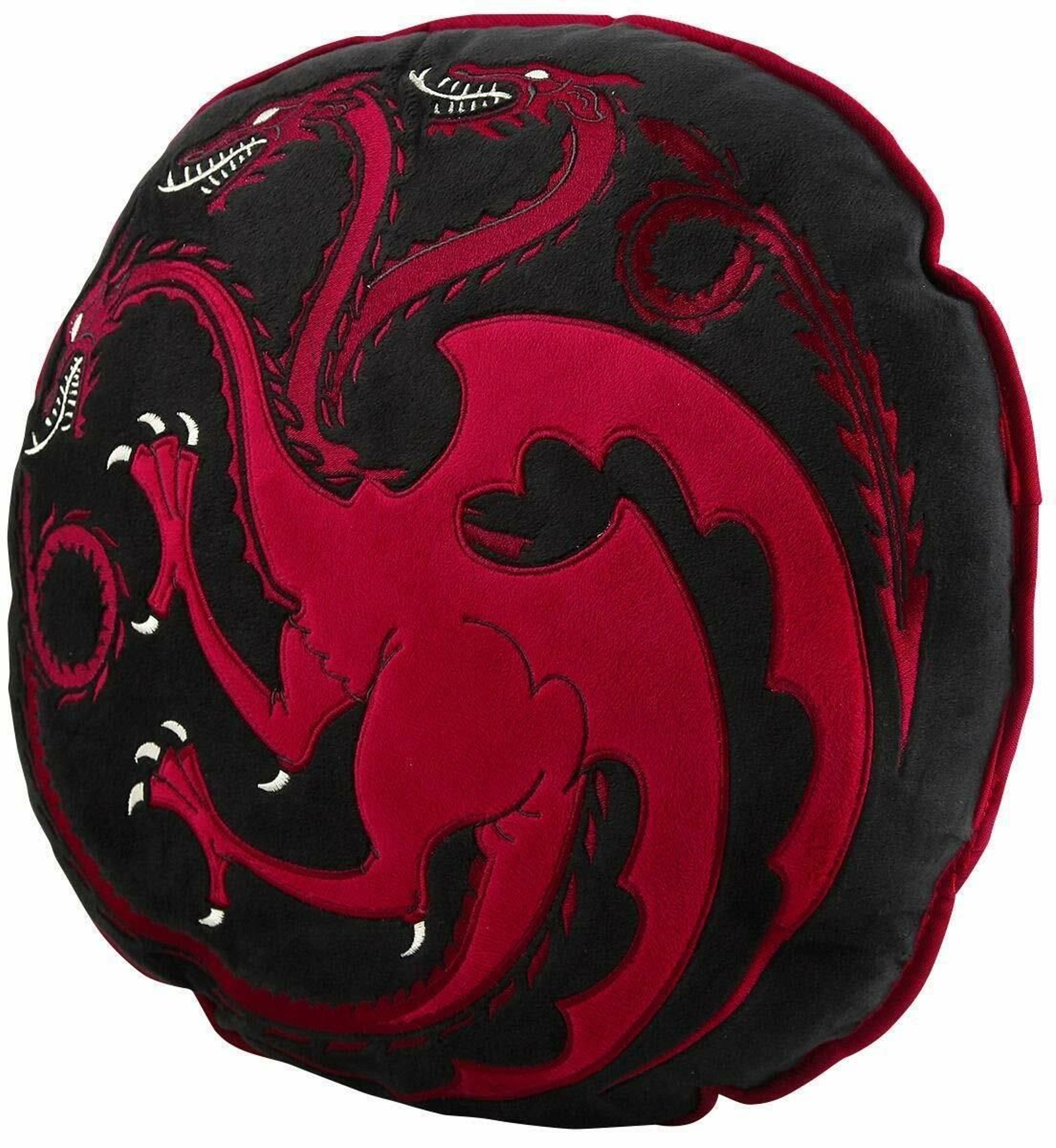 Cojín circular con bordado del escudo de los Targaryen.