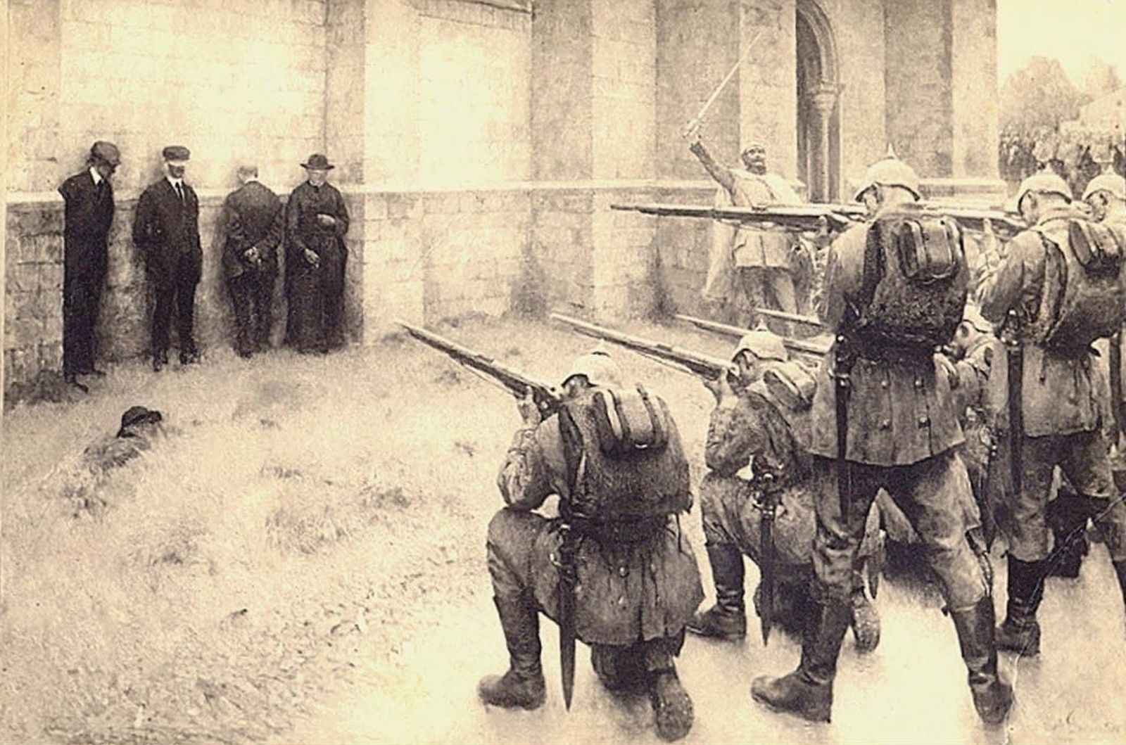Ejecución de civiles en Blégny, durante la invasión de Bélgica por las tropas alemanas (Évariste Carpentier, 1914).