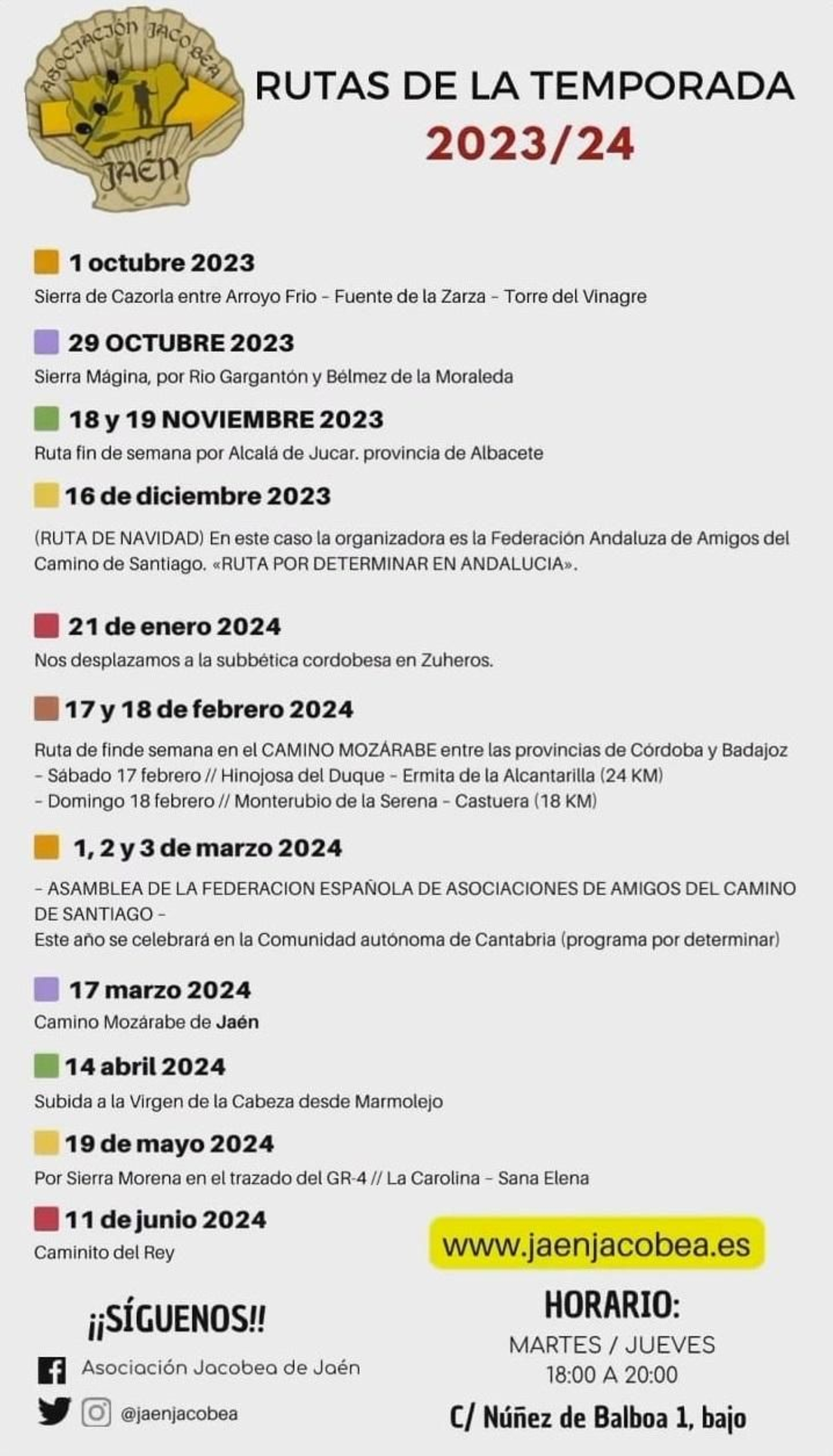 Rutas programadas por la Asociación Jacobea de Jaén para la temporada 23/24.