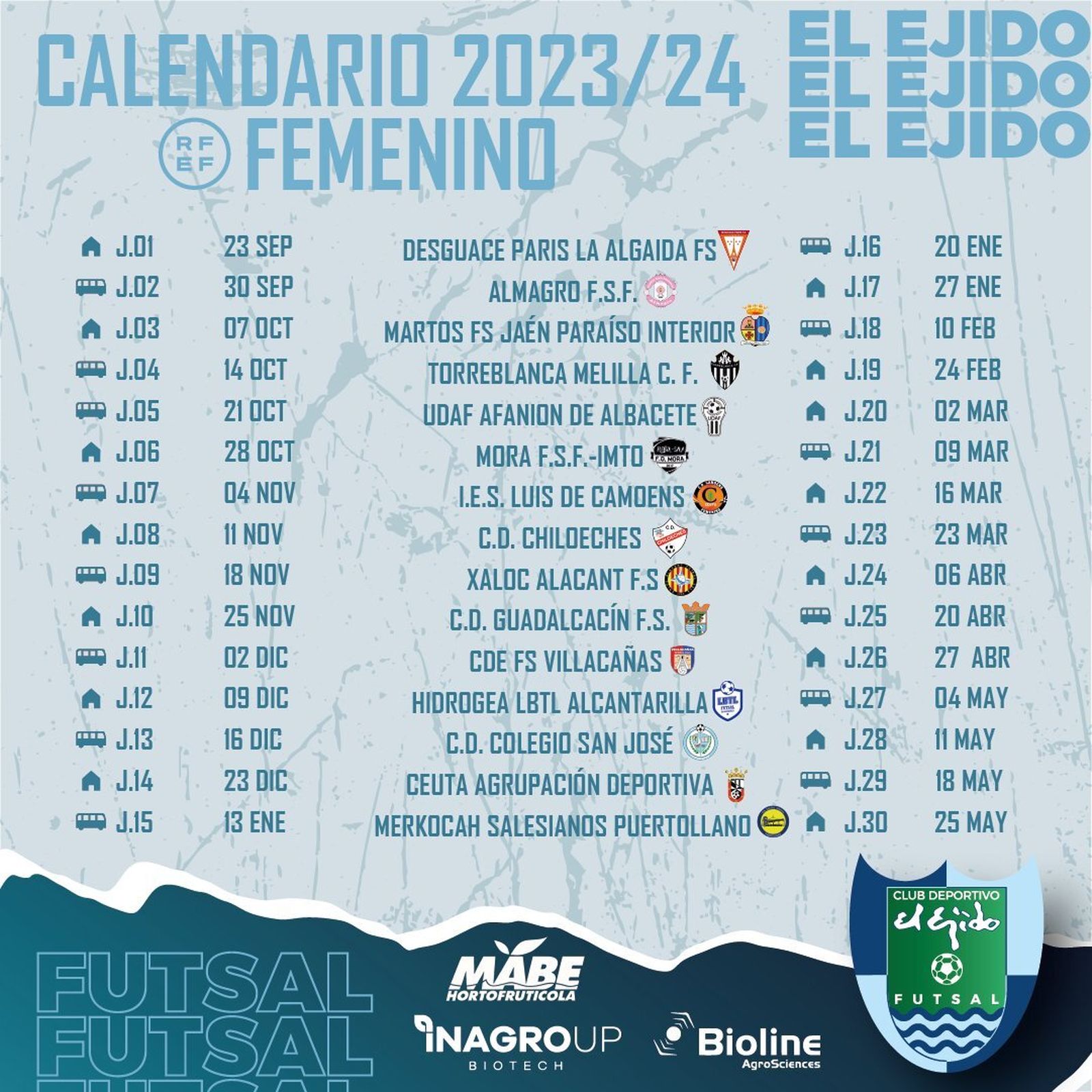Calendario de El Ejido Futsal femenino para la próxima temporada en Segunda División.