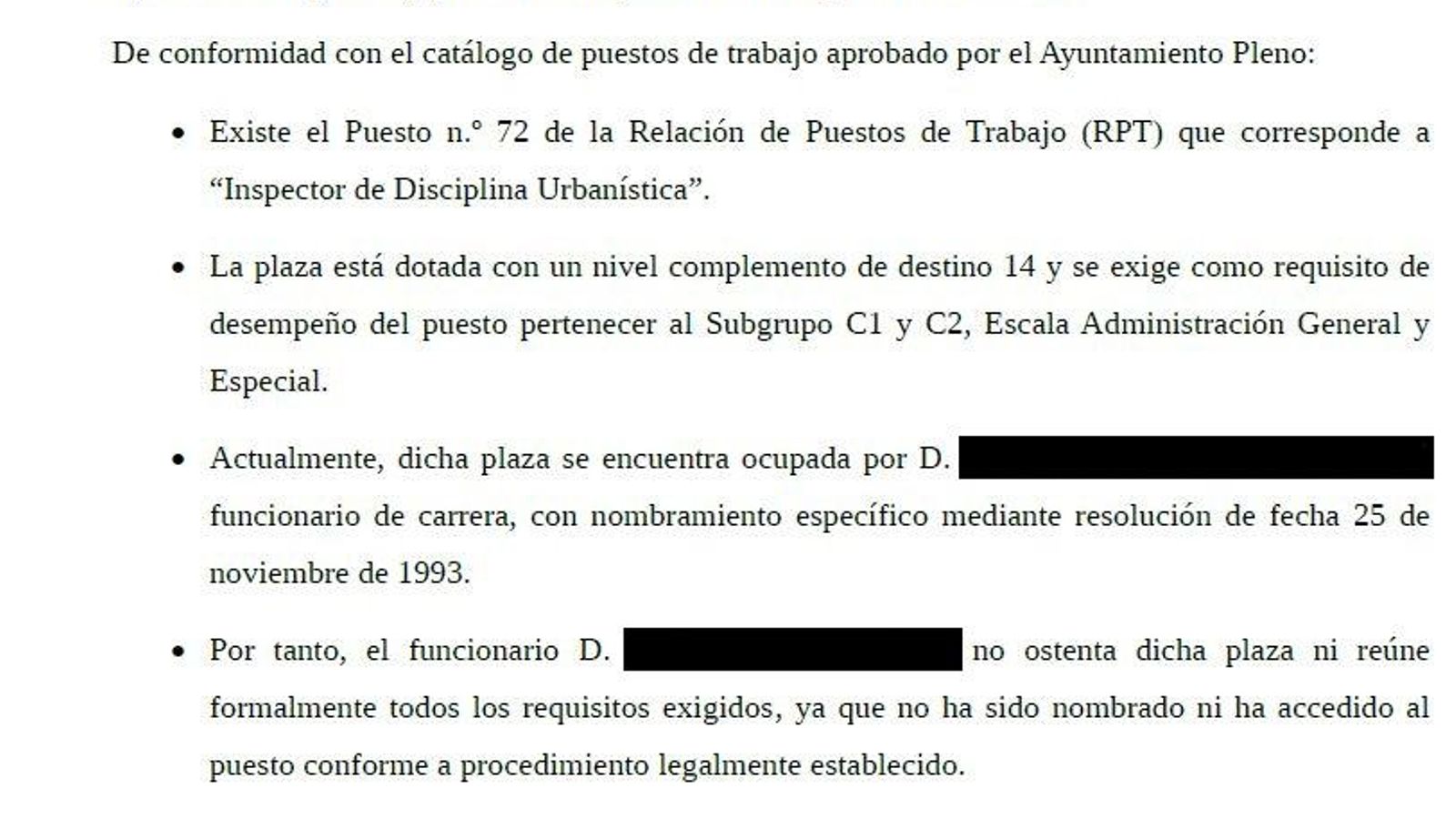 Extracto del informe sobre disciplina urbanística.
