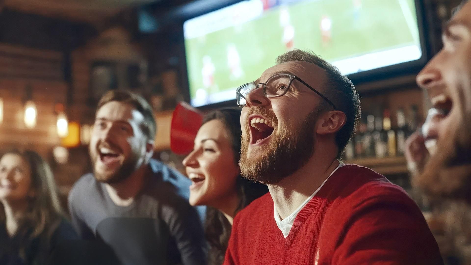 Un grupo de personas siguen en un bar la retransmisión de un partido de fútbol.