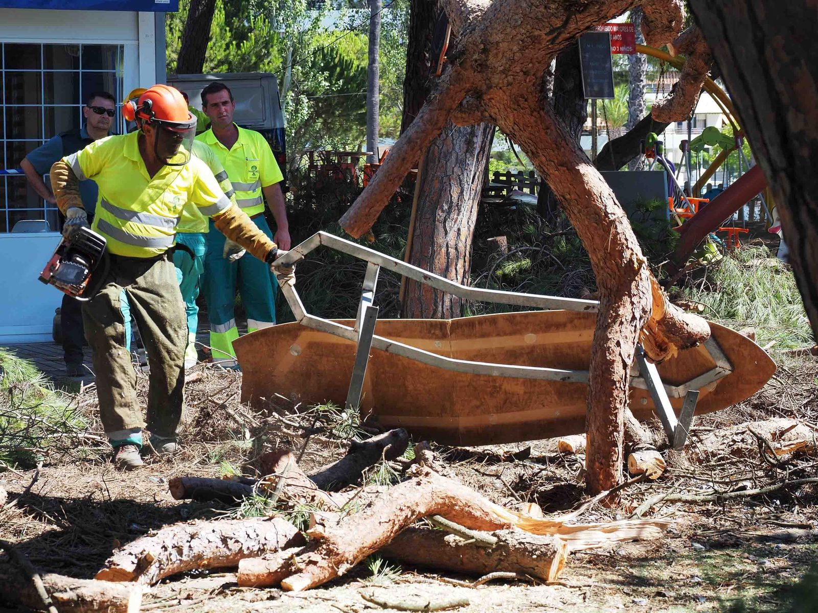Un pino cae sobre las mesas de un restaurante en Nuevo Portil.