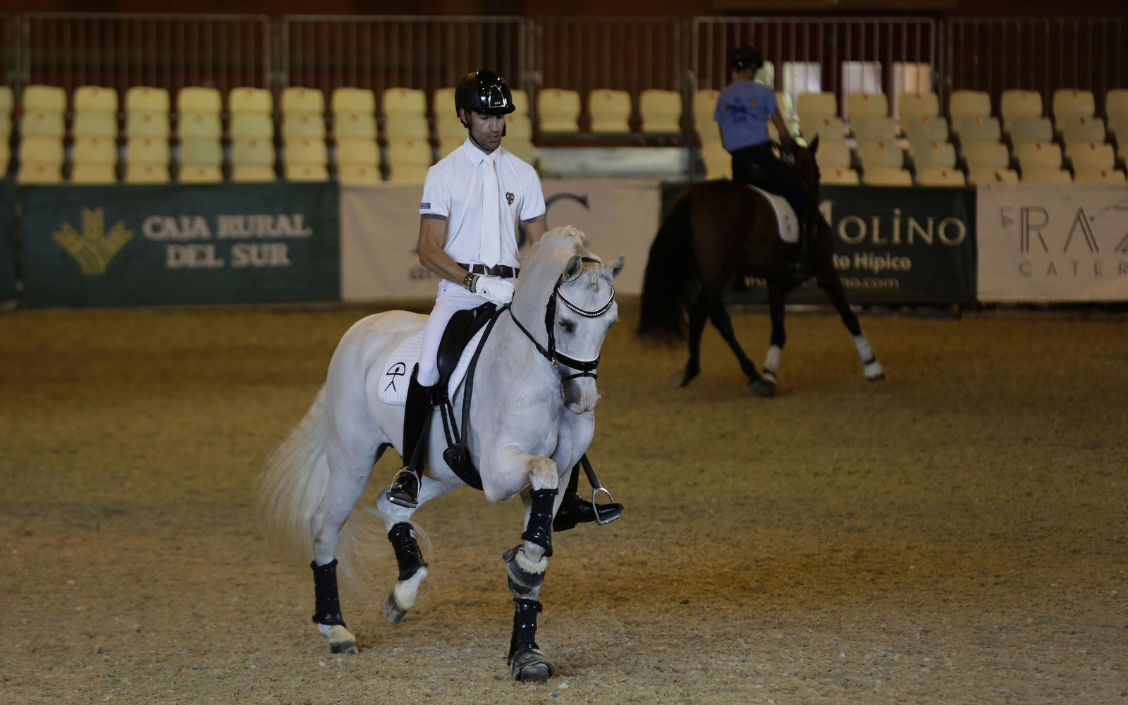 Un jinete con su caballo en la pista de calentamiento de Sicab 2020.