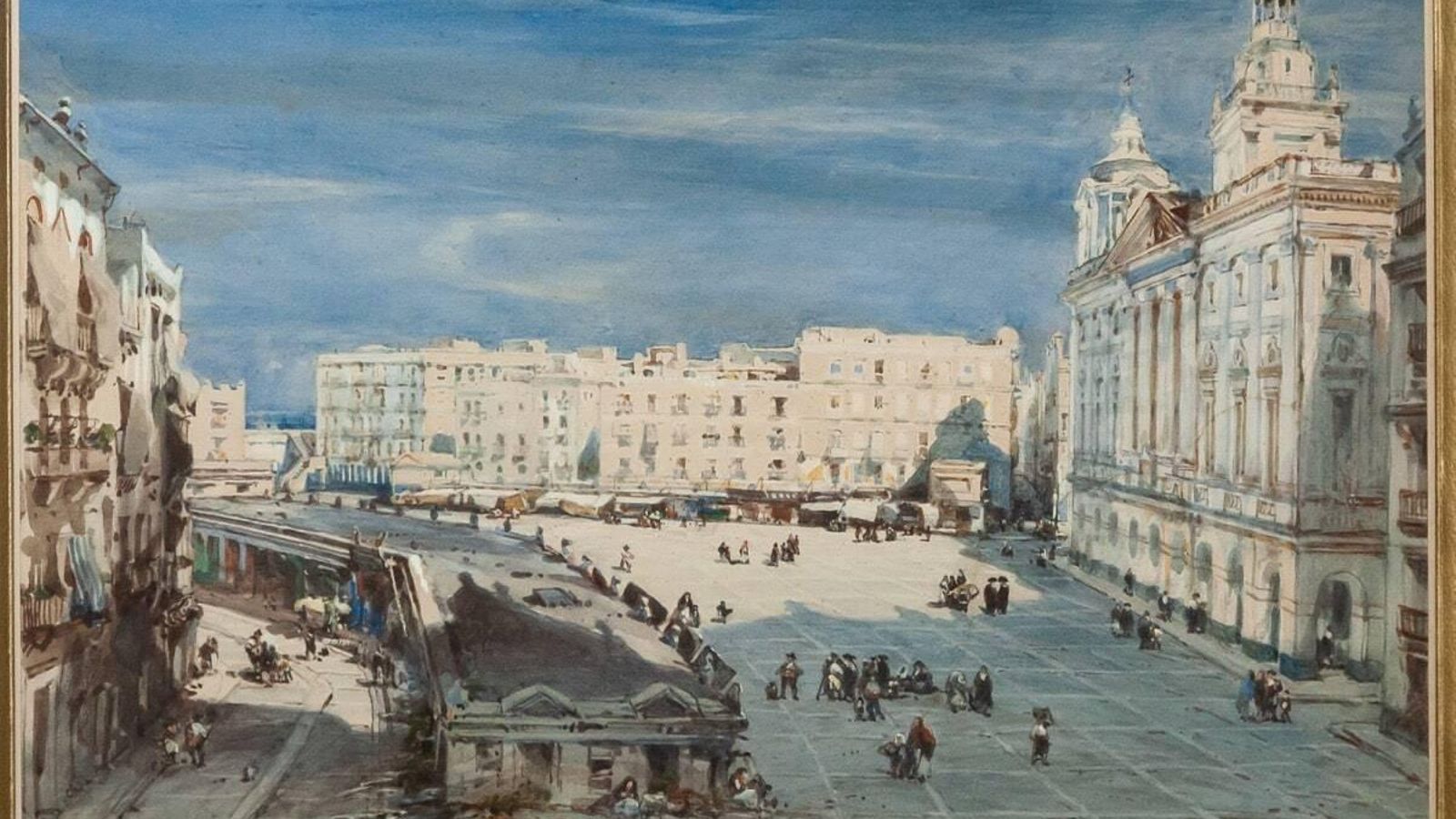 Vista de la plaza de  Isabel II desde la  Casa de los Pazos de  Miranda a 16 de  mayo de 1849.