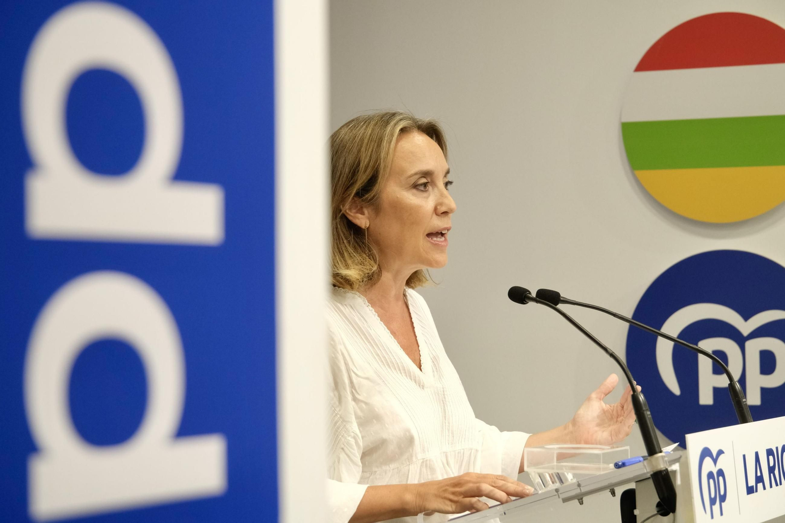 Cuca Gamarra, en su comparecencia esta sábado en la sede del PP en La Rioja.