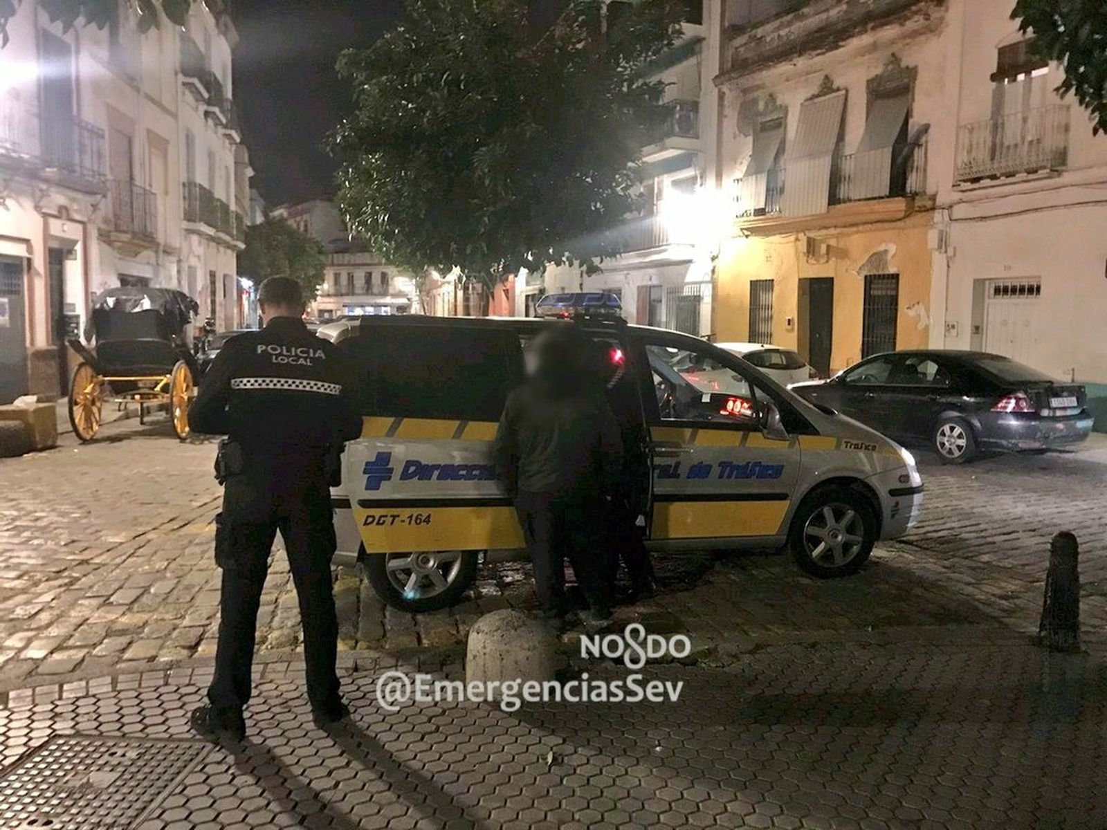 El conductor realiza la prueba de alcoholemia en un coche de la DGT junto al coche de caballos.