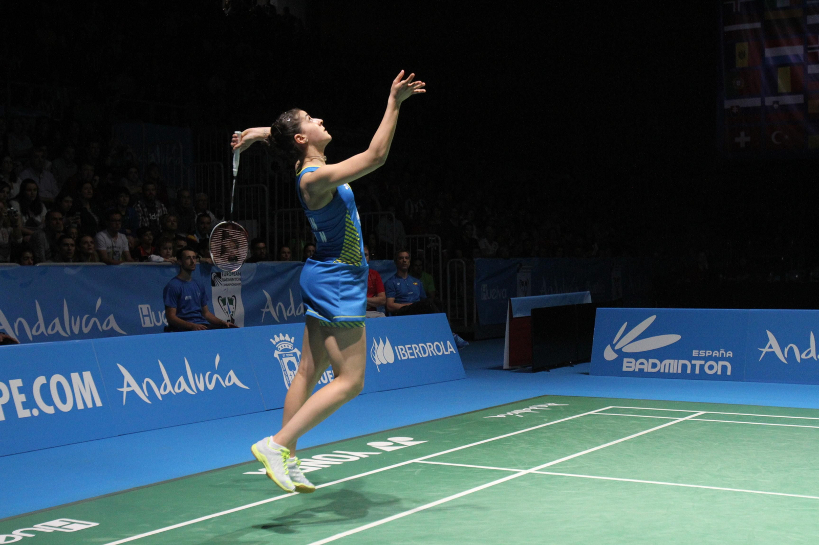 Partido y victoria de Carolina Marín en el Europeo de Bádminton celebrado en Huelva