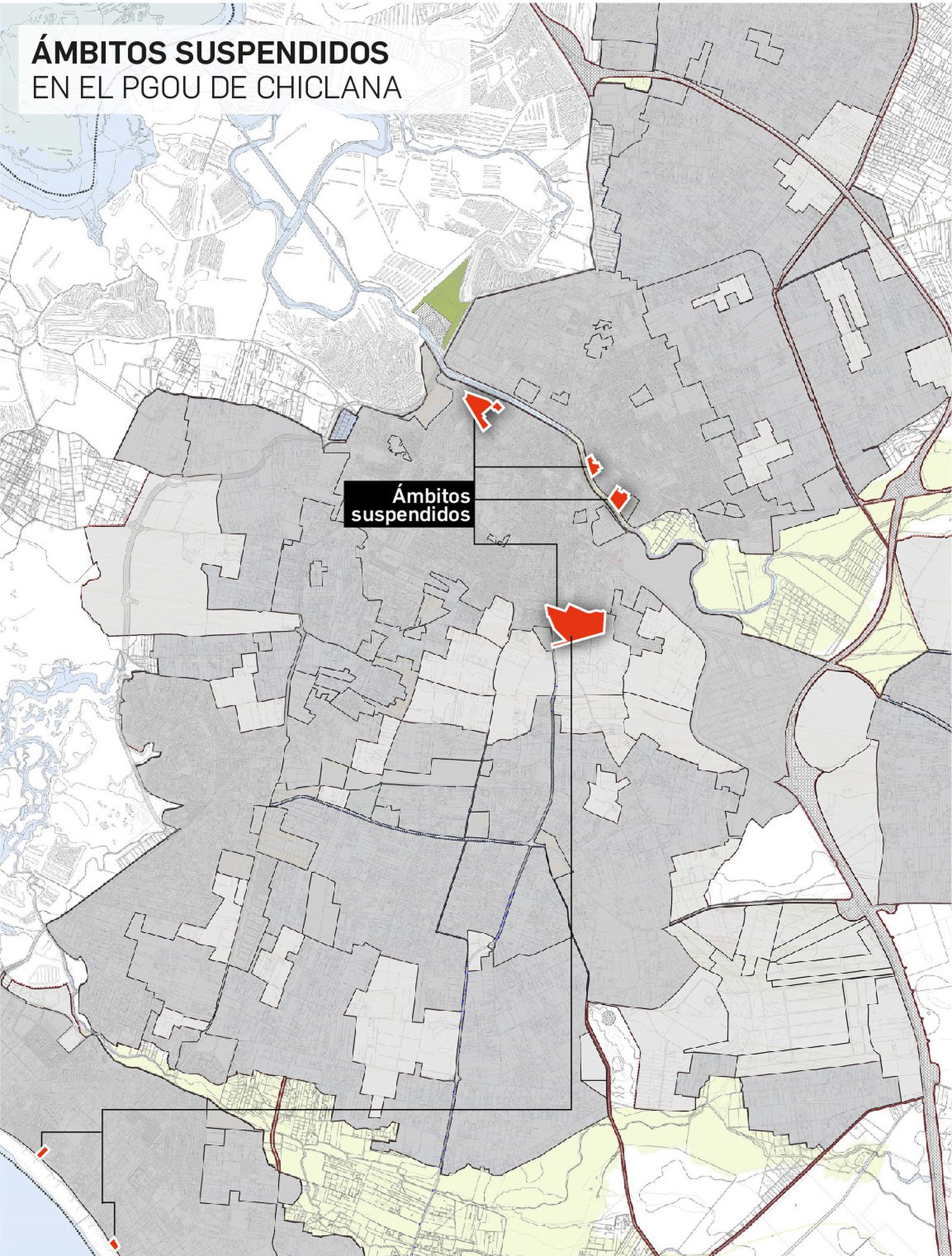 Mapa de los escasos ámbitos en los que aún quedan por levantarse las suspensiones en el PGOU.