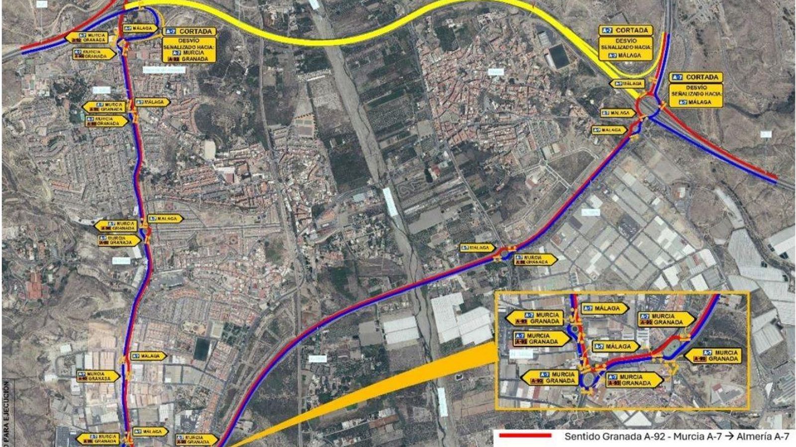 Cuadro de los desvíos puestos en marcha tras el corte de la A-7.