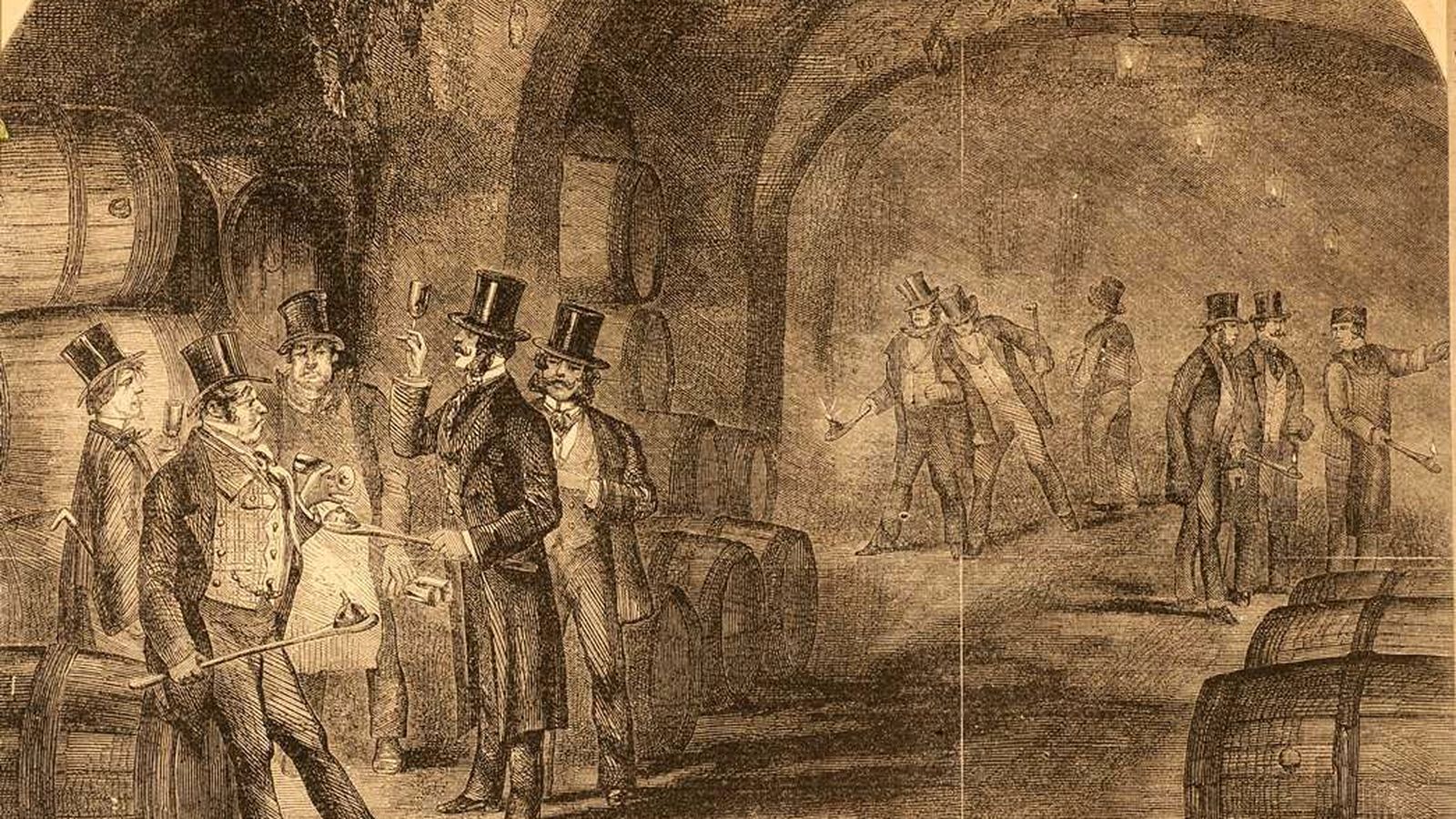 Cata de vino en los almacenes del puerto londinense, 1858.