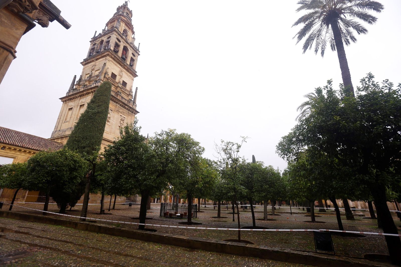 El Patio de los Naranjos de la Mezquita-Catedral por la borrasca Leonardo, en imágenes