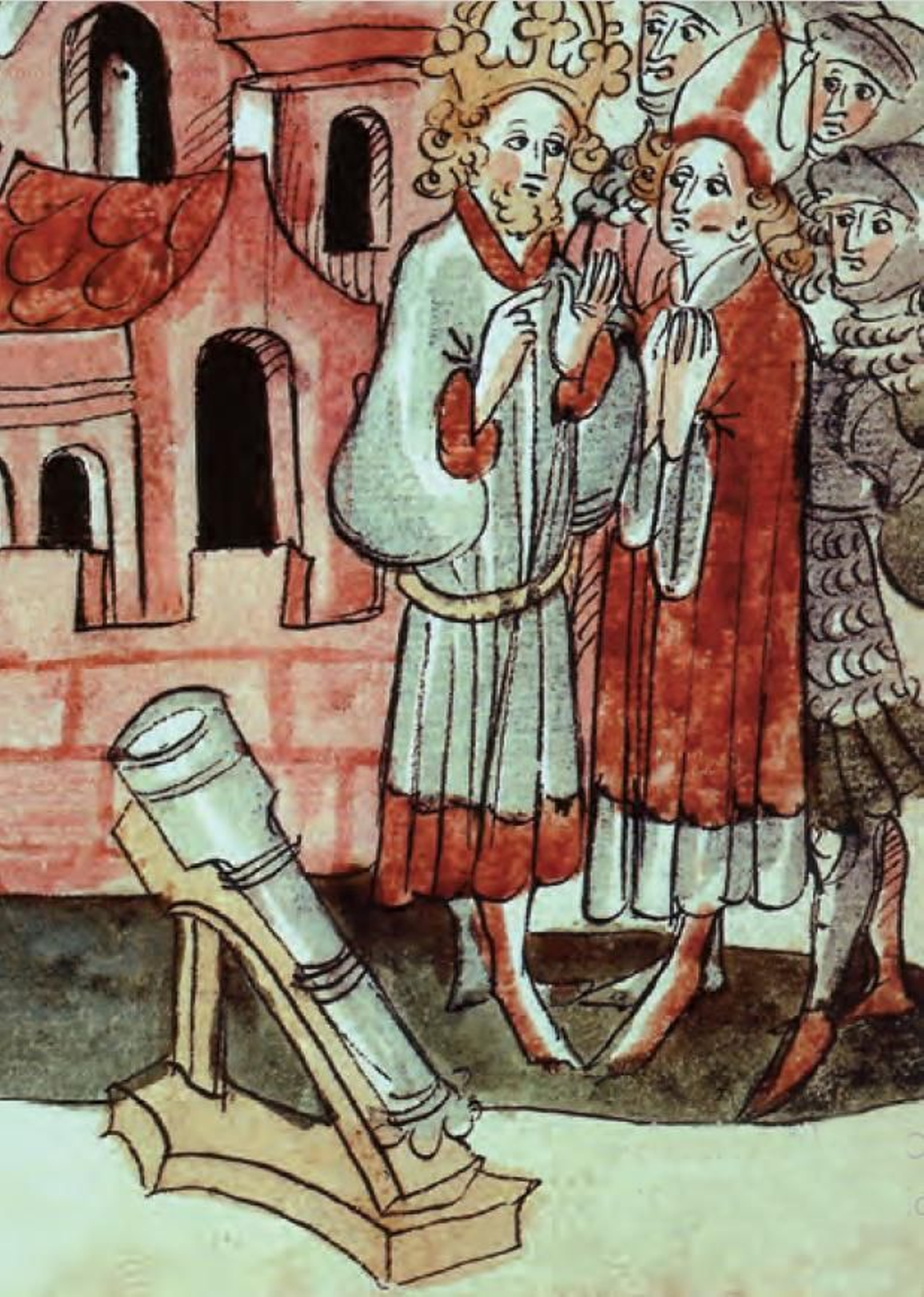 Primitiva pieza pirobalística (“trueno”) en una miniatura de mediados del siglo XIV.