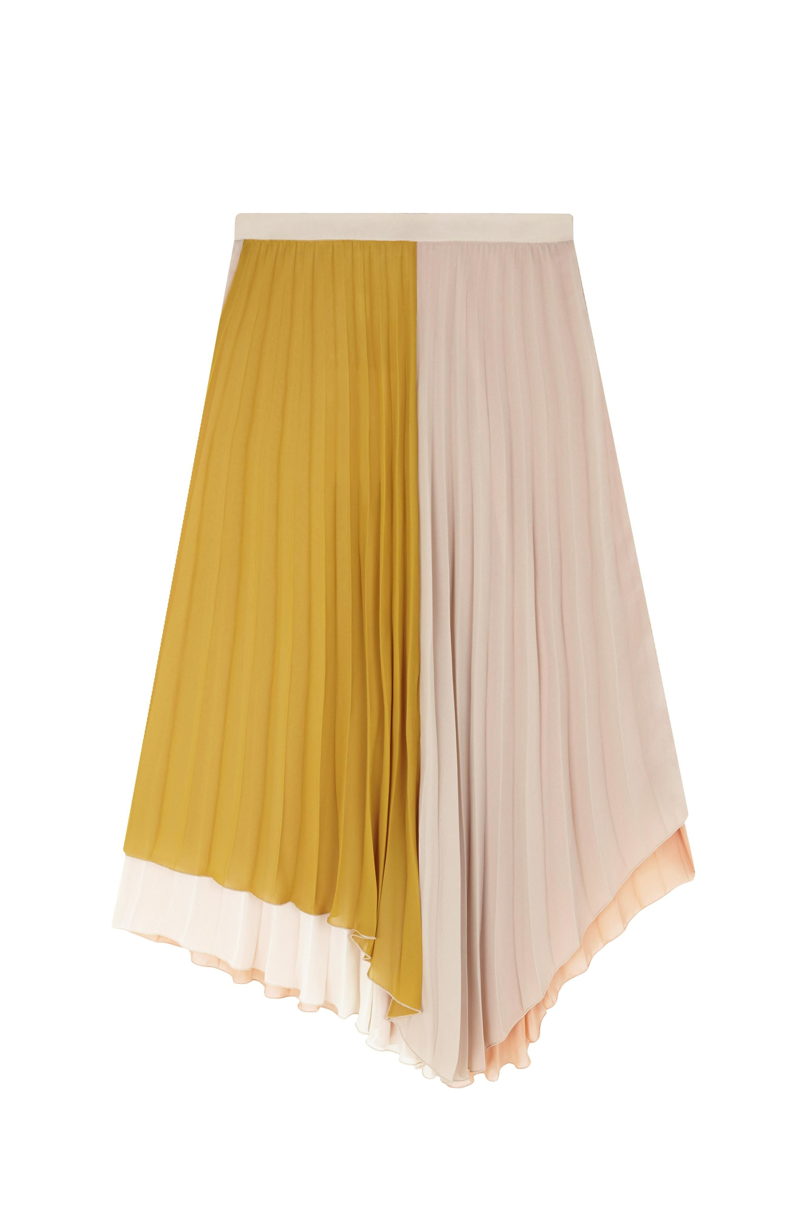 Falda midi plisada color block con bajo asimétrico, de Uterqüe.