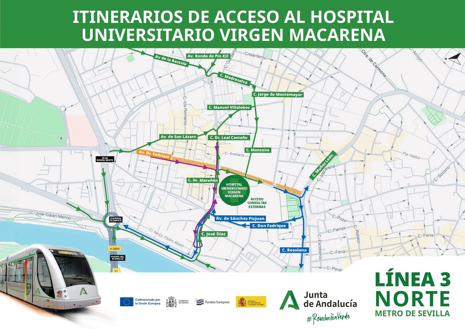 Imagen de los itinerarios de acceso al Hospital Universitario Virgen Macarena por las obras de la Línea 3 del Metro