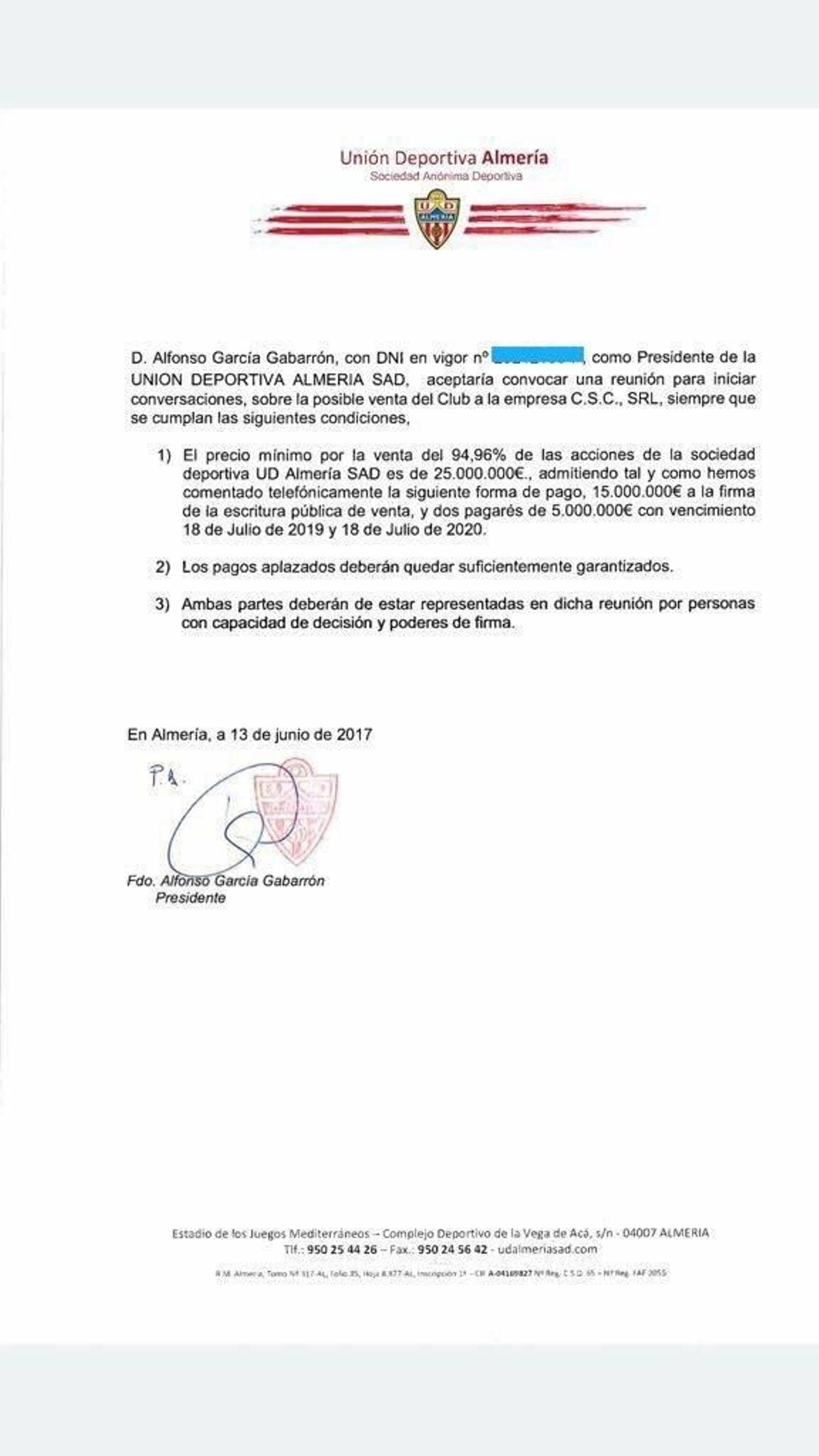 Documento con la posible venta del club y las cantidades solicitadas por Alfonso García en verano de 2017