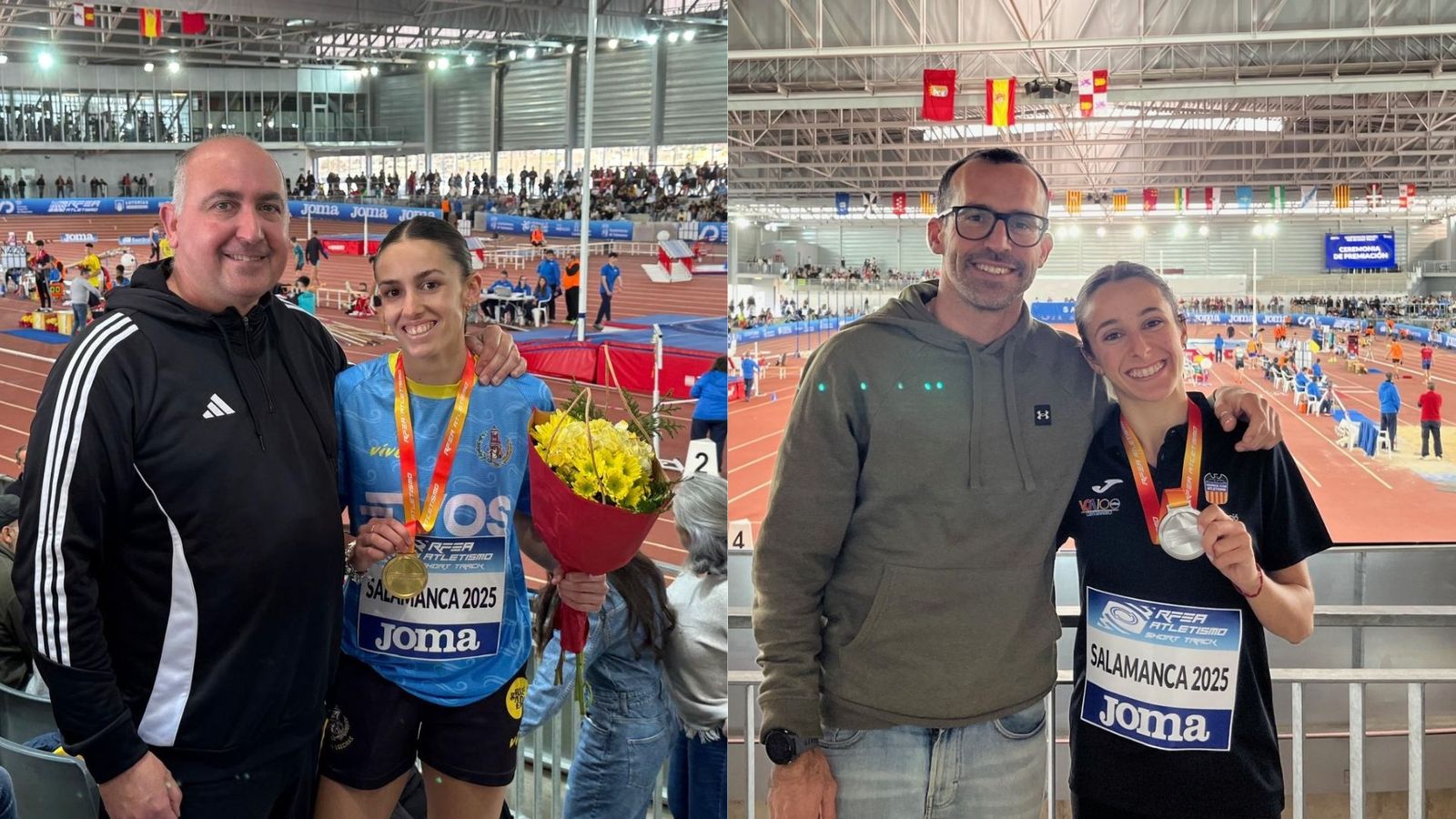 Ana Alba Ruiz (Bahía) y Marina Delgado (Valencia Atletismo), con sus entrenadores.