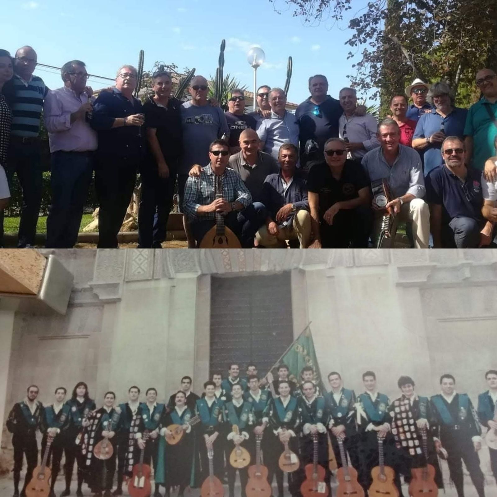 Integrantes de la tuna en su época universitaria y en un reencuentro.