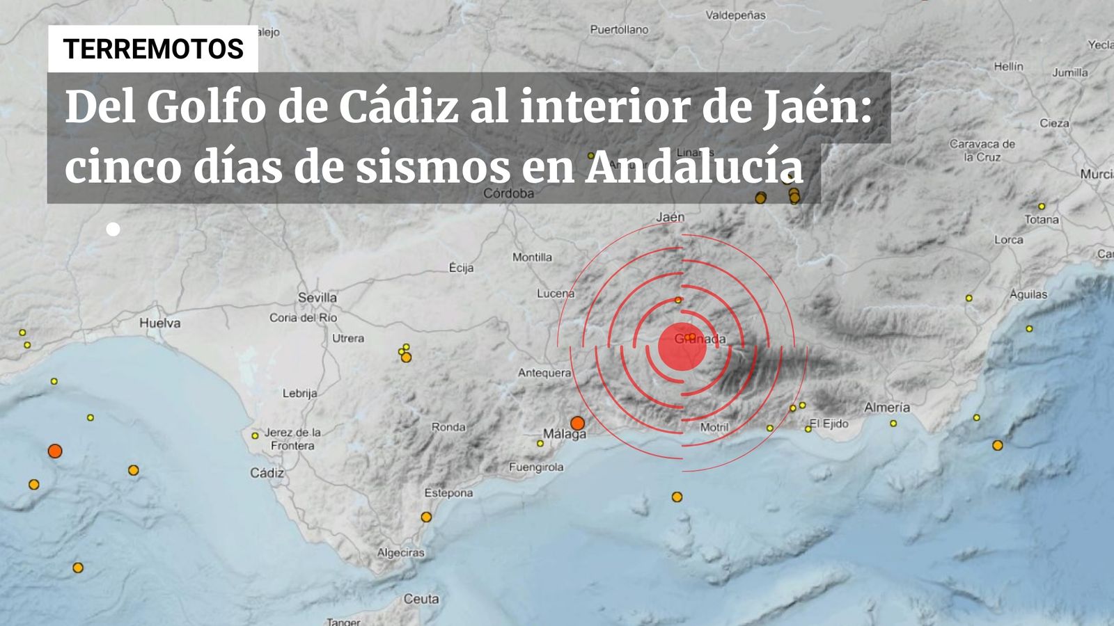 Mapa de los terremotos registrados en Andalucía y sus costas durante los últimos cinco días, con especial concentración en el eje Jaén–Granada y varios epicentros en el Golfo de Cádiz y el mar de Alborán, según los datos oficiales del Instituto Geográfico Nacional.