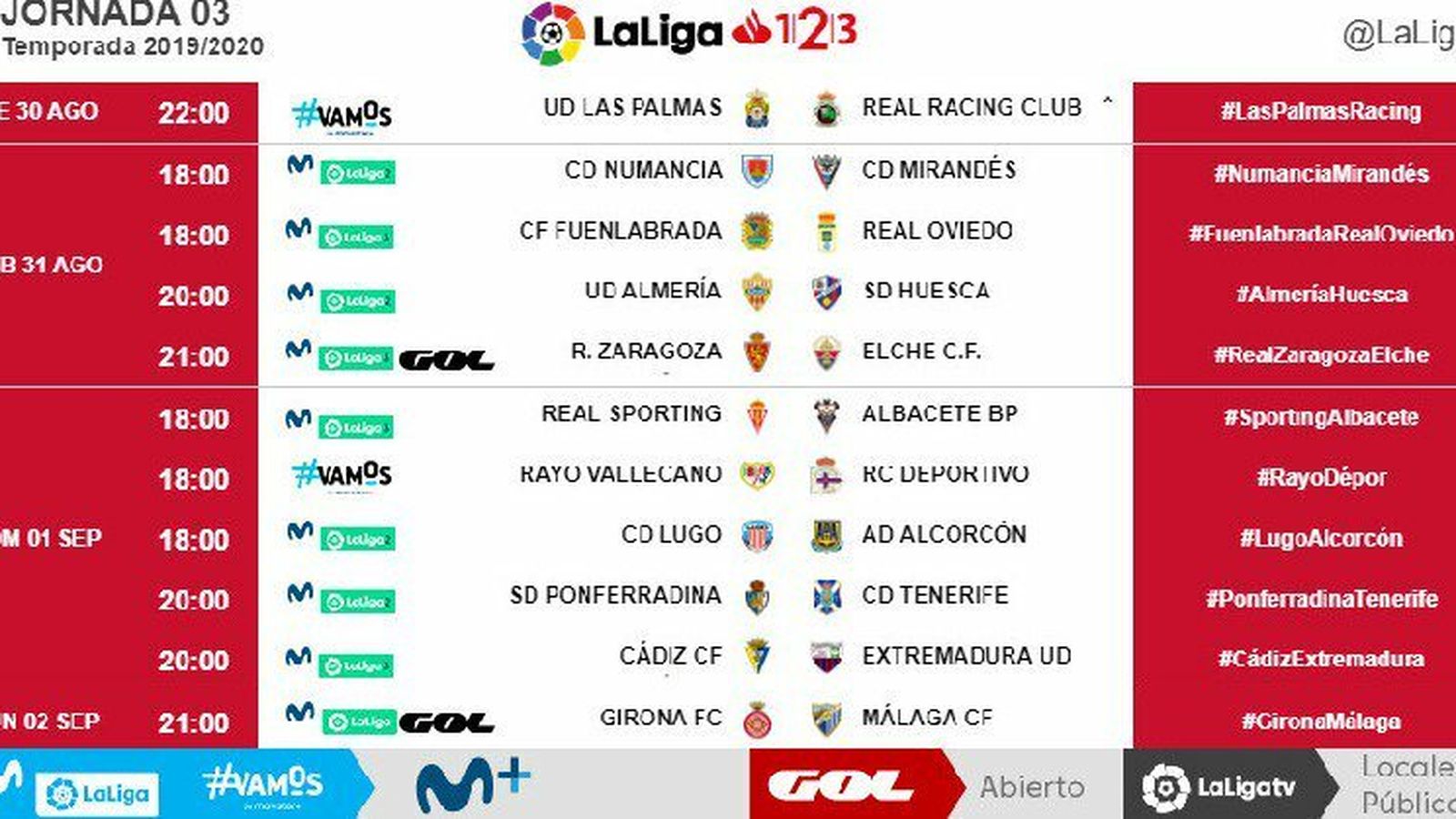 Todos los horarios de la jornada 3 de Segunda División