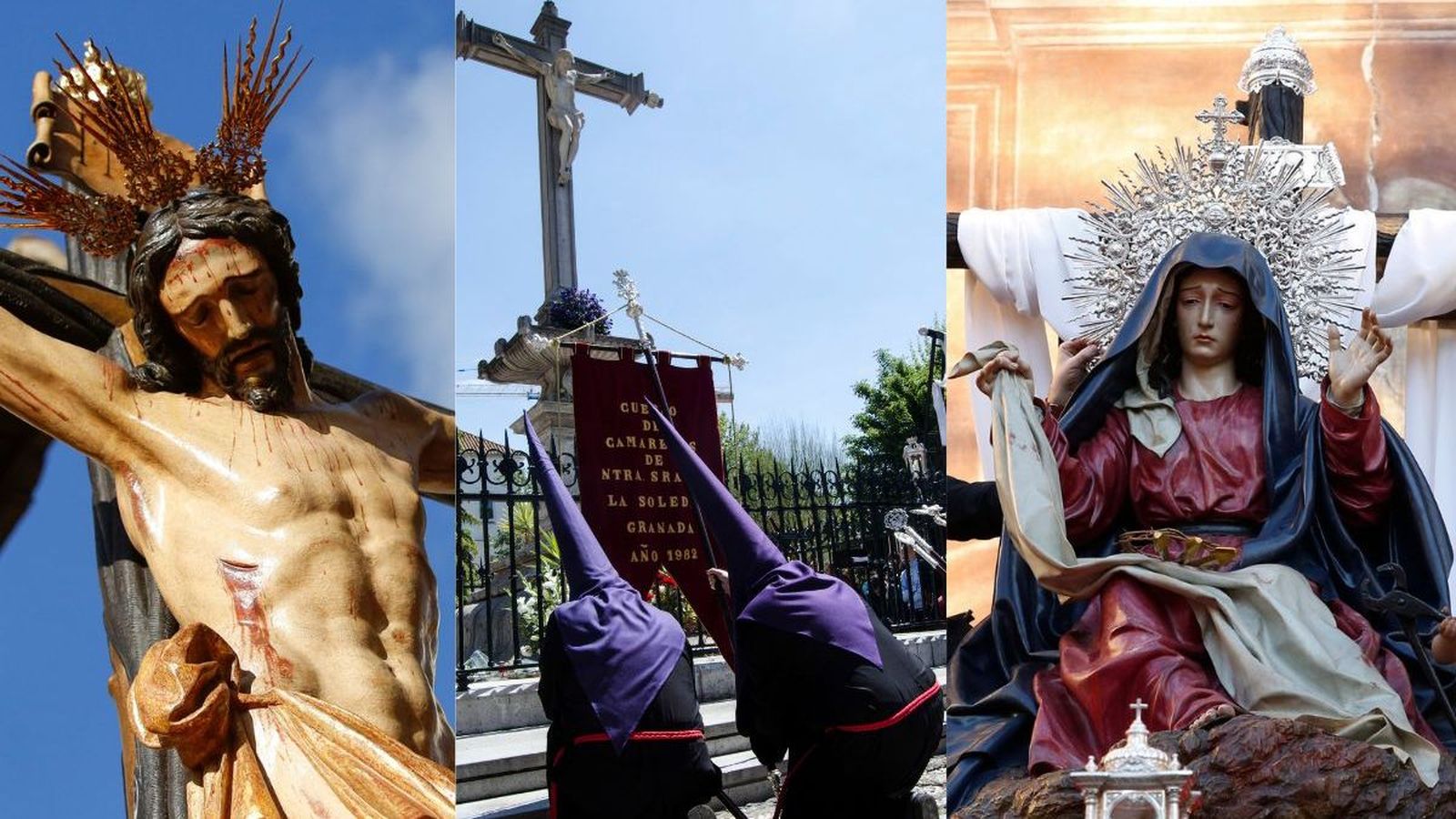 Cristo de los Favores (izqda.), Acto de las Tres de la Tarde en el Campo del Príncipe (centro) y Virgen de la Soledad (dcha.)