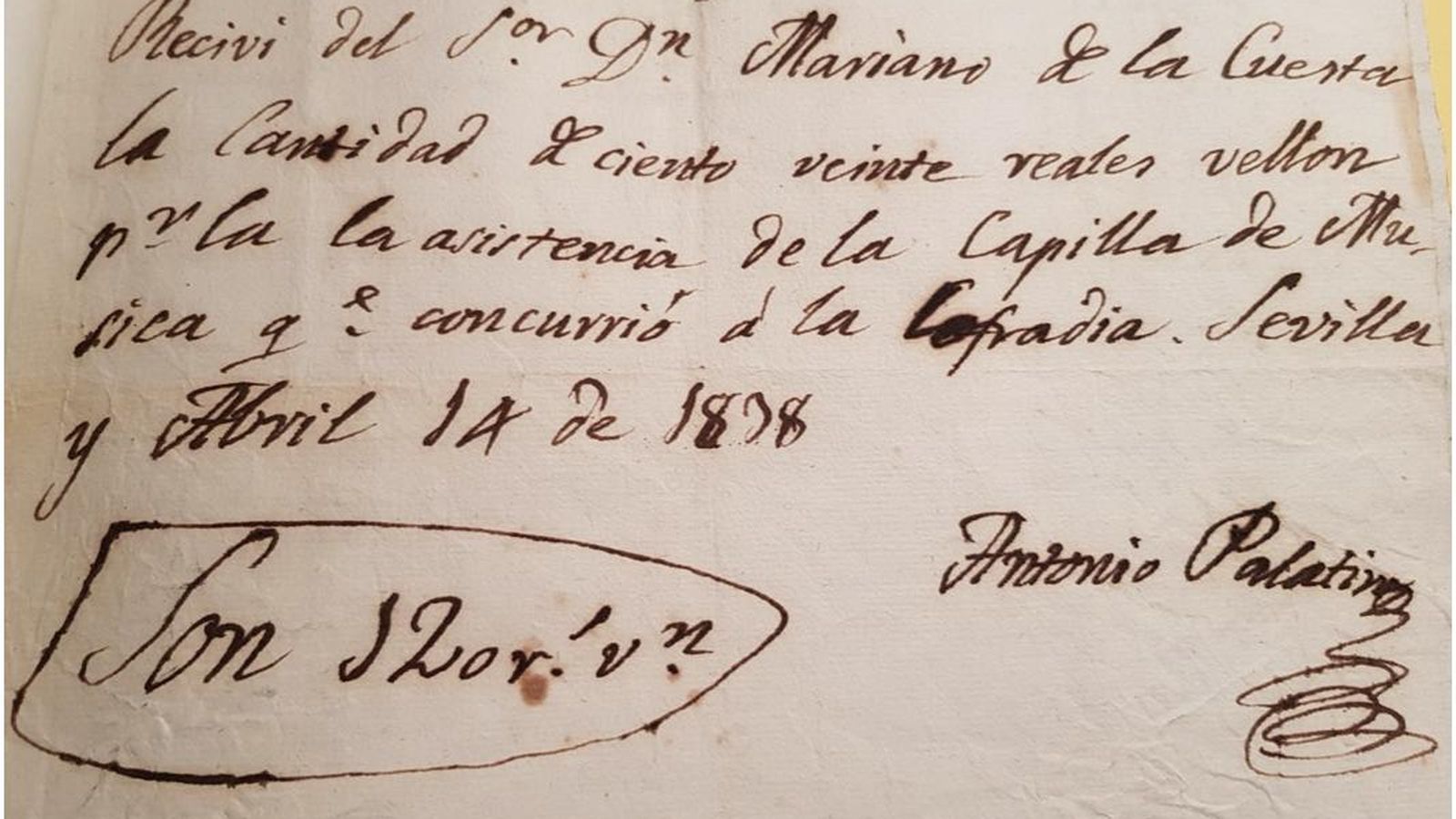 Recibo con la Hermandad de la Amargura de 1838.