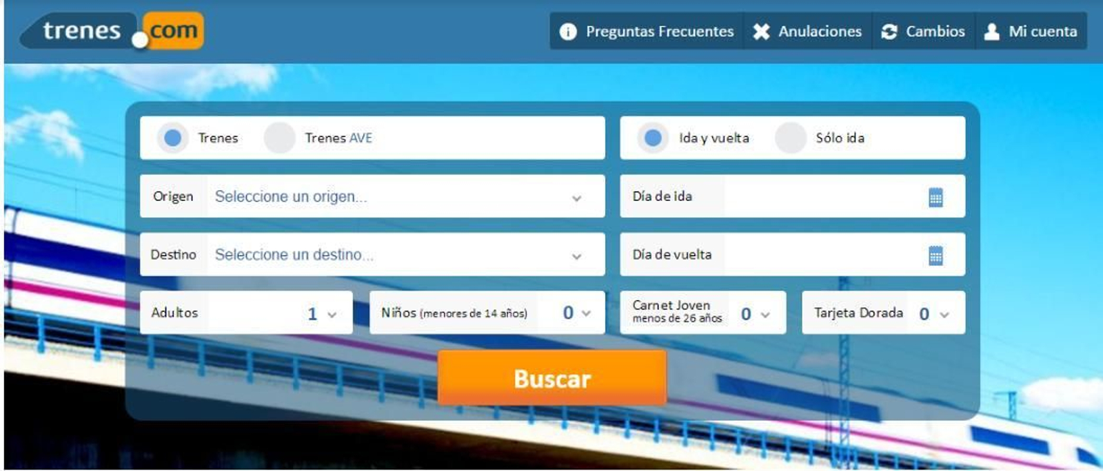 Interfaz de la página web de Trenes.com