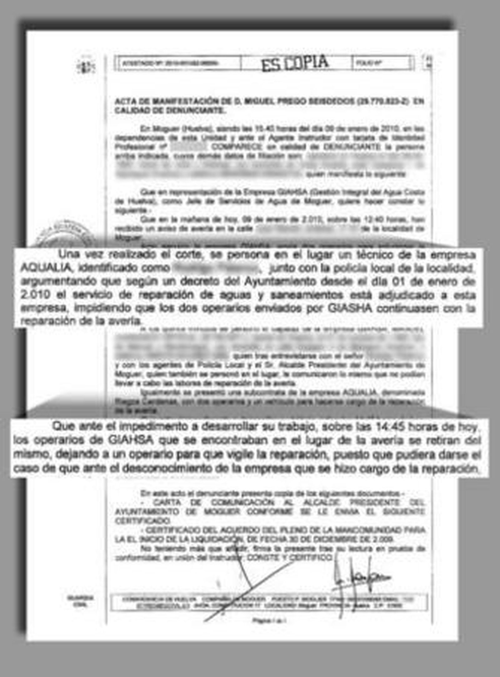 Giahsa denuncia al Ayuntamiento y Aqualia ante la Guardia Civil