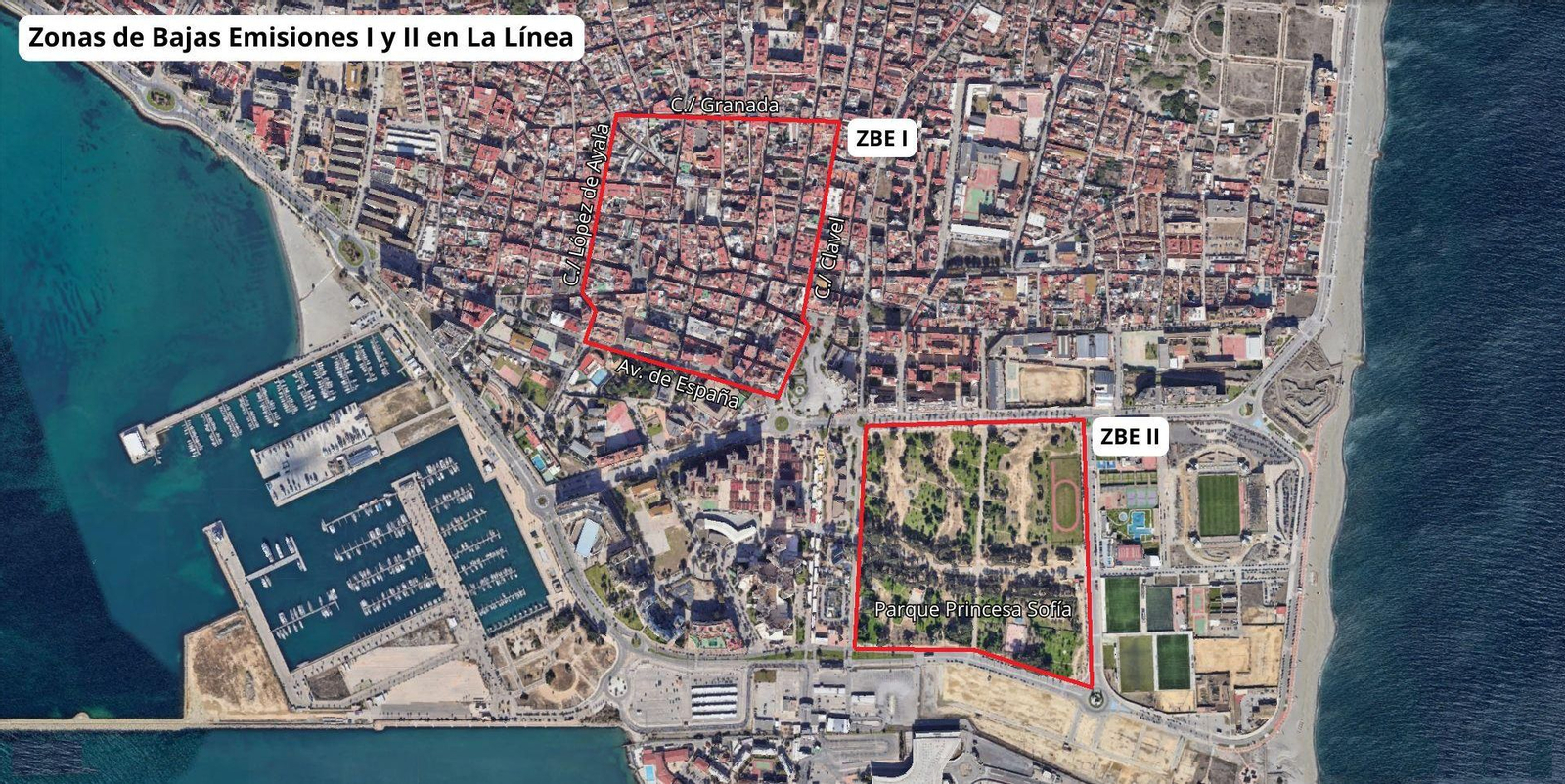 Mapa de las Zonas de Bajas Emisiones en La Línea.