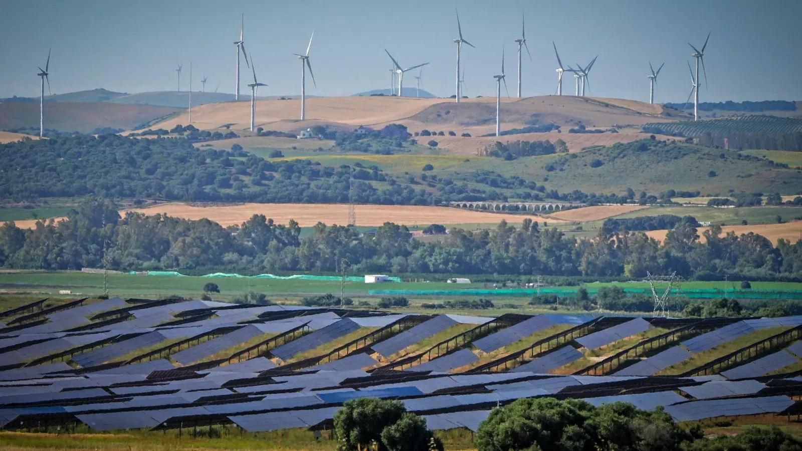Vista de plantas fotovoltaicas y eólicas instaladas en la campiña de Jerez.