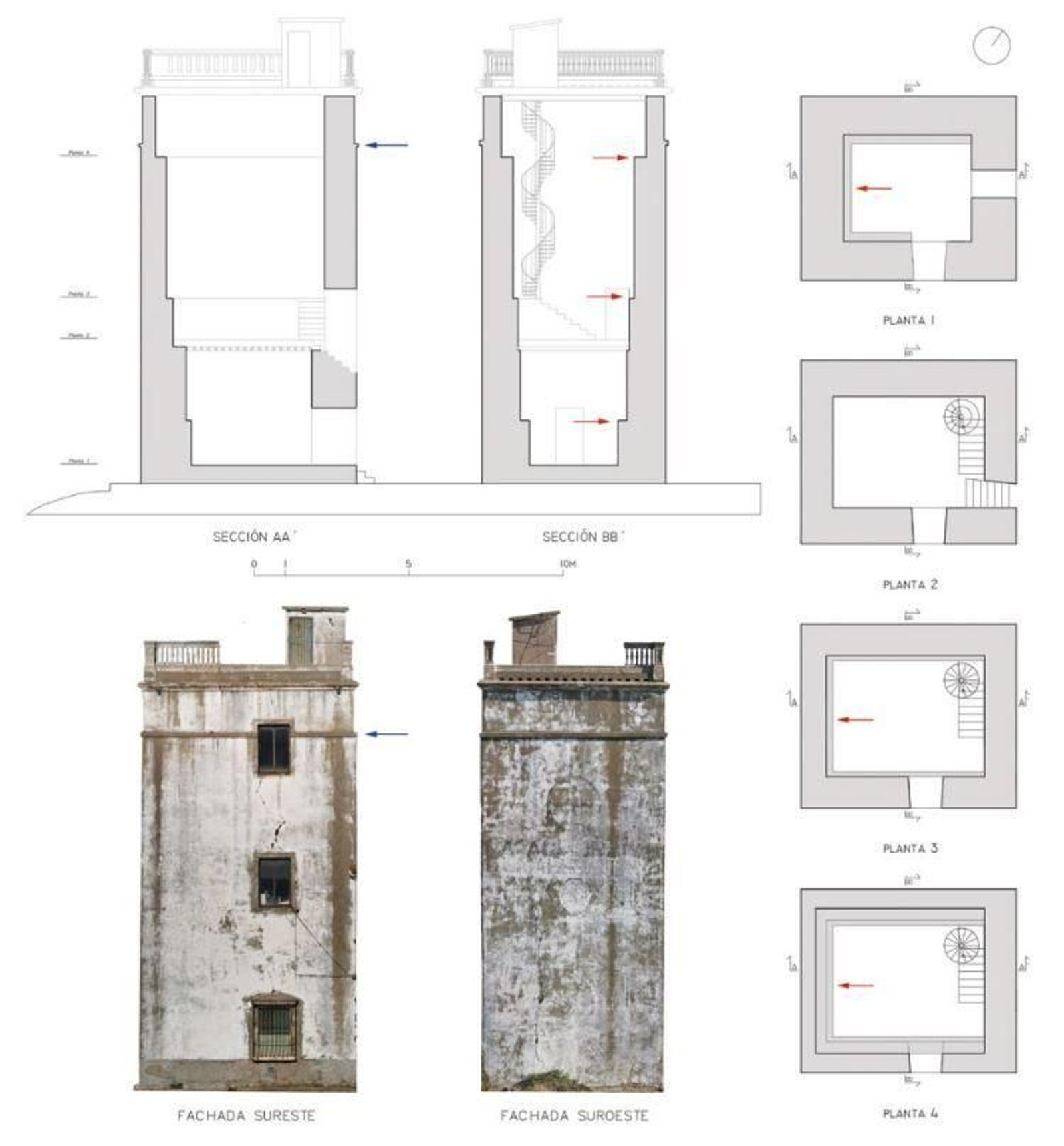 Levantamiento planimétrico de la torre reelaborado a partir del proyecto de Pablo Pardal Redondo (Pardal,  2012) y ortofotografías realizadas con el drone del Laboratorio de Arqueología y Prehistoria de la Universidad de Cádiz  (LABAP). La flecha azul indica la moldura exterior que puede observarse en el grabado de la Lámina 5. Las flechas rojas  señalan las bancadas que podrían corresponder con la formación de pisos.