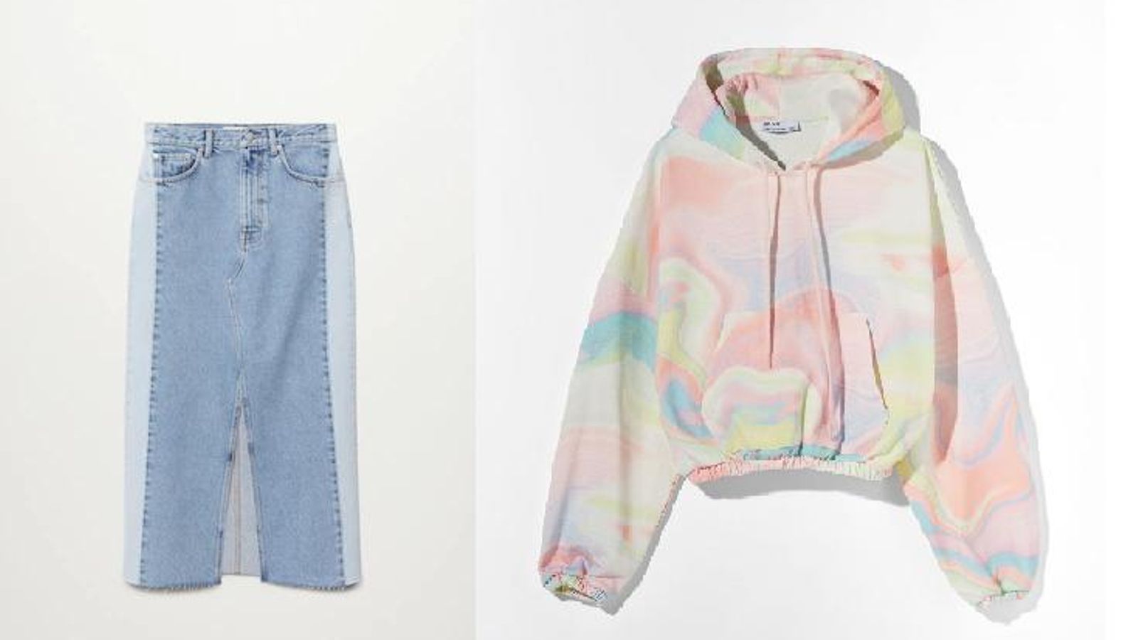 La falda vaquera bicolor de Mango con una de las nuevas sudaderas de Bershka. La falda vaquera bicolor de Mango con una de las nuevas sudaderas de Bershka.
