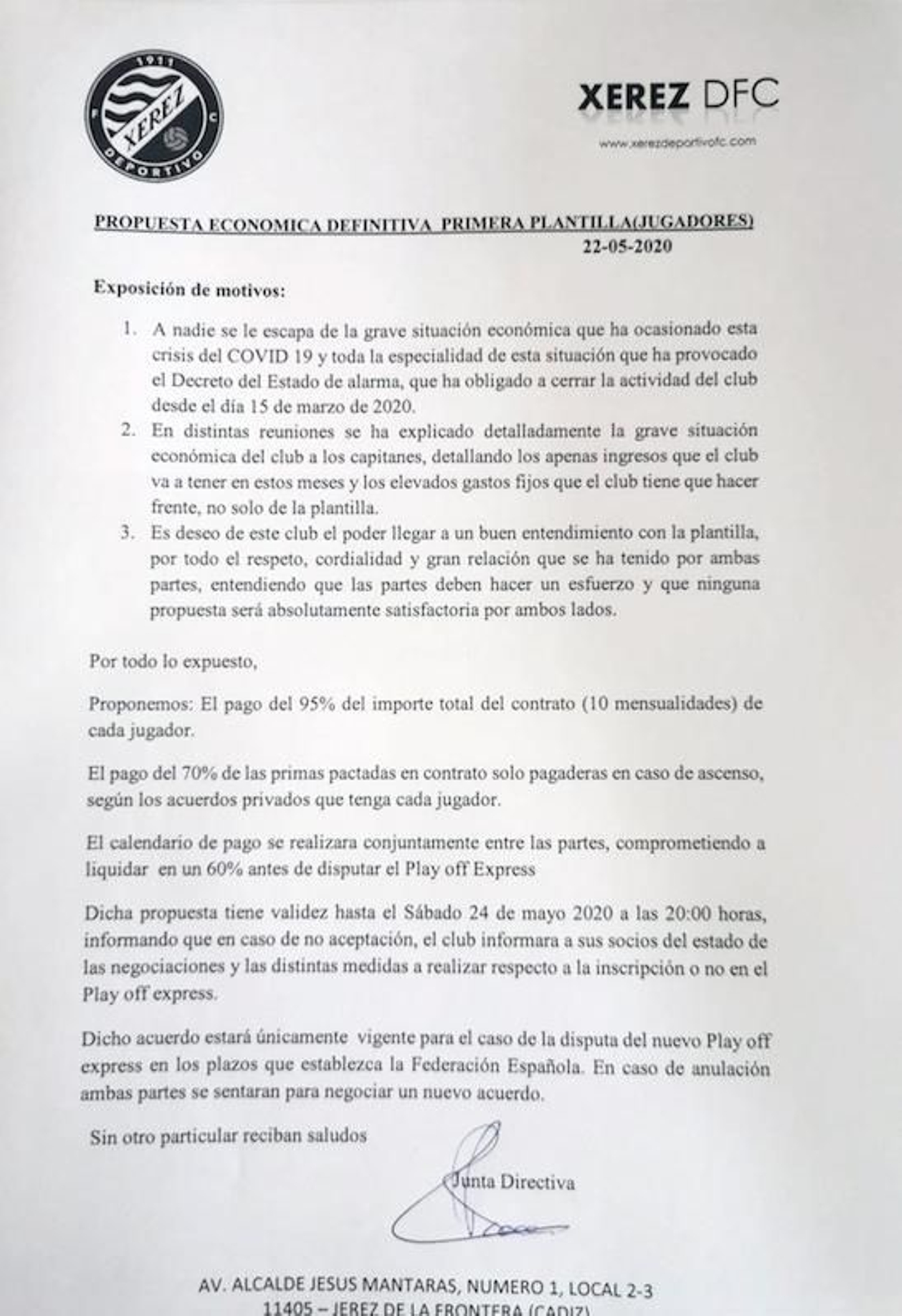 Propuesta económica del club a los jugadores.