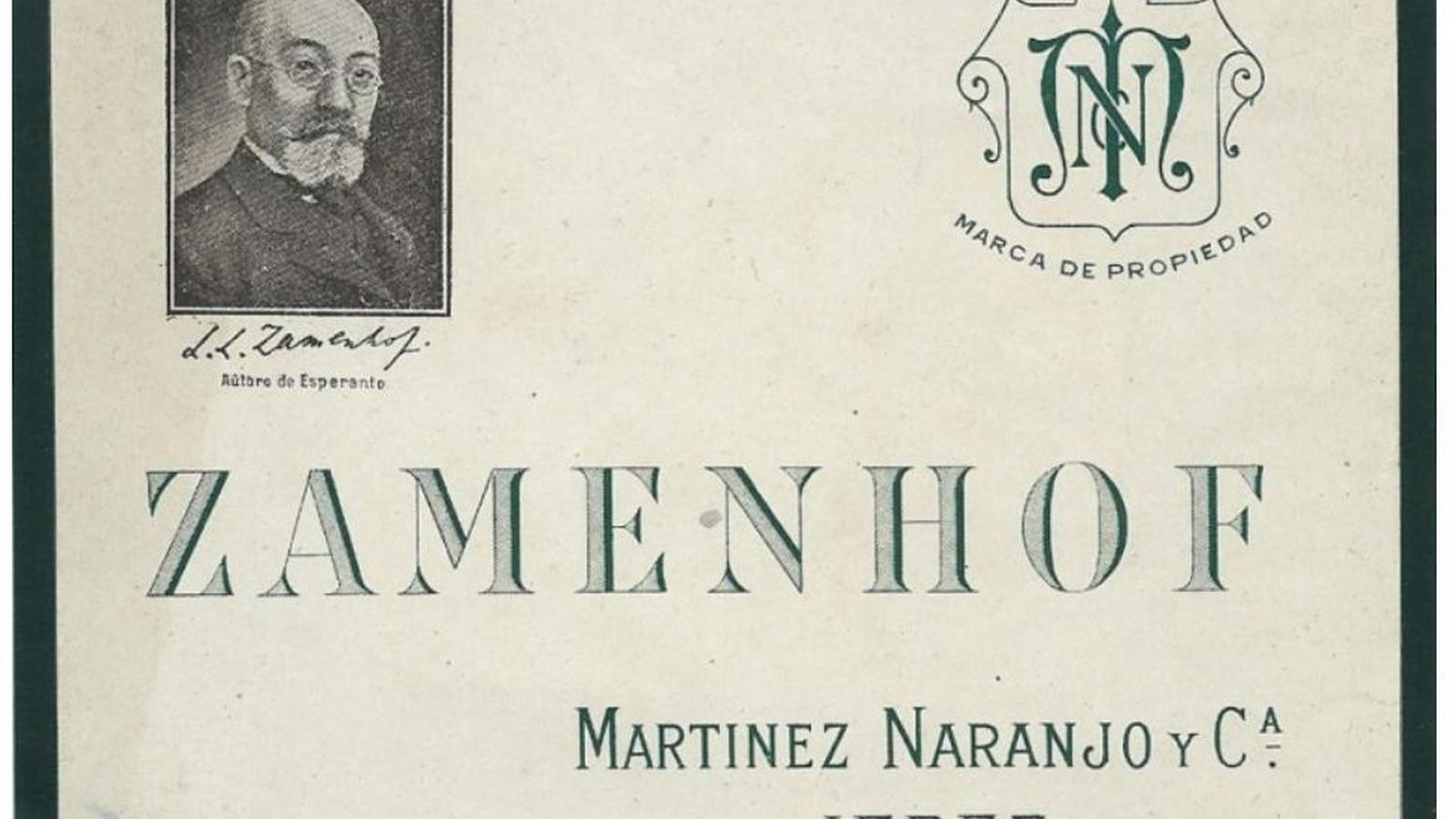 Etiqueta con el retrato del creador del esperanto, Zamenhof.