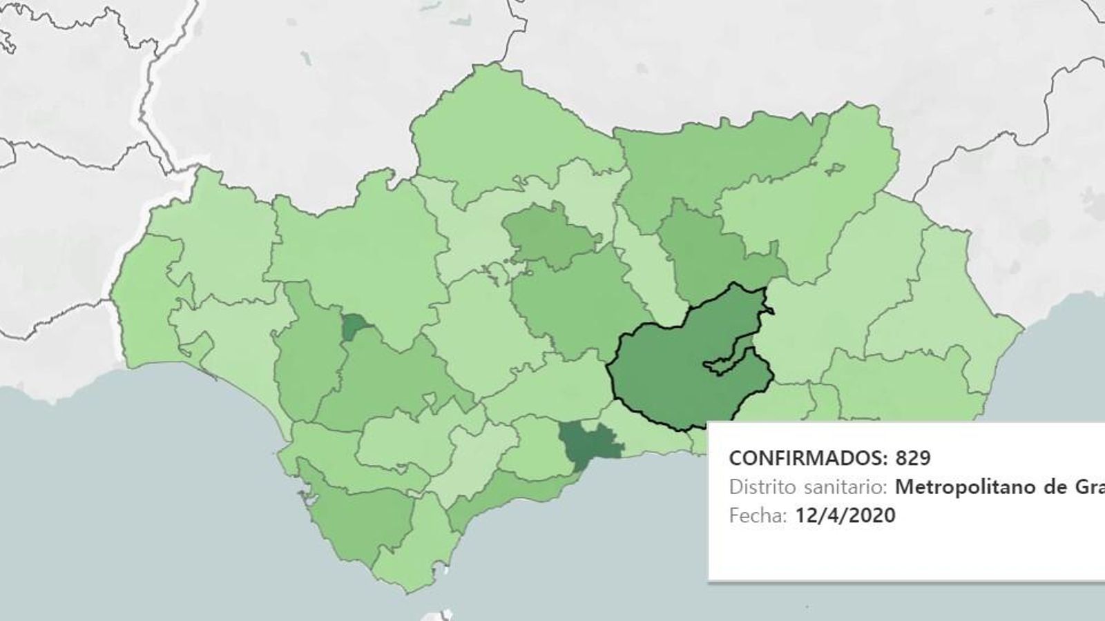 Mapa andaluz de casos de coronavirus por distritos sanitarios