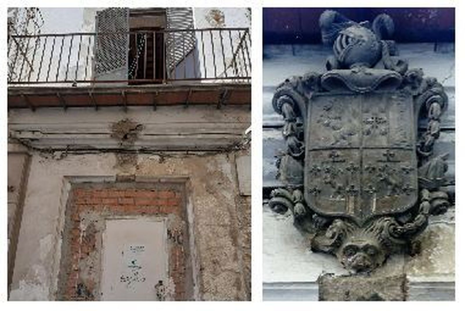 A la izquierda, detalle de la fachada de la casa donde estaba el escudo; a la derecha, imagen del emblema heráldico que está siendo restaurado.