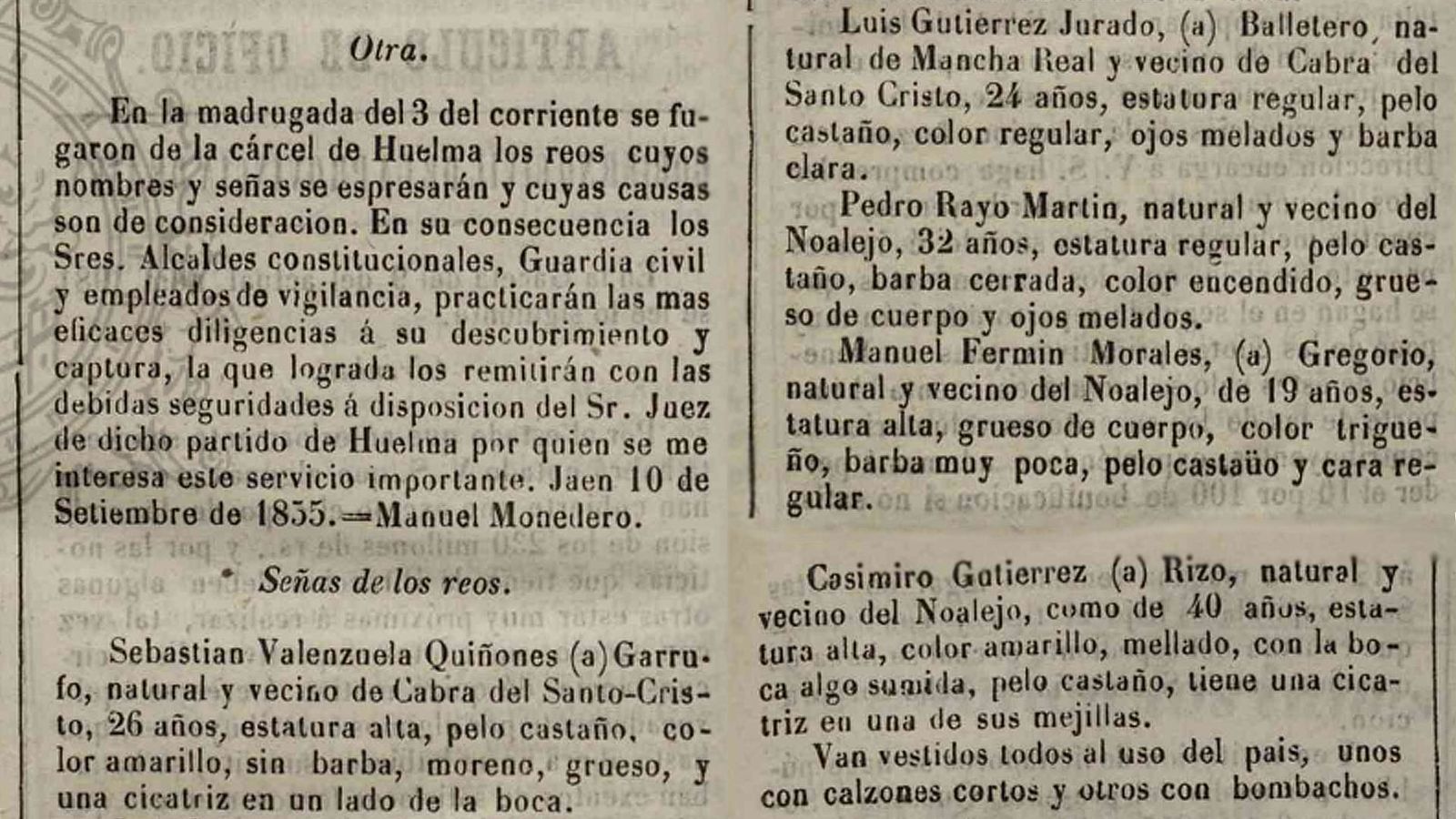 Boletín Oficial de la Provincia de Jaén del 12 de septiembre de 1855 anunciando la fuga de cinco presos